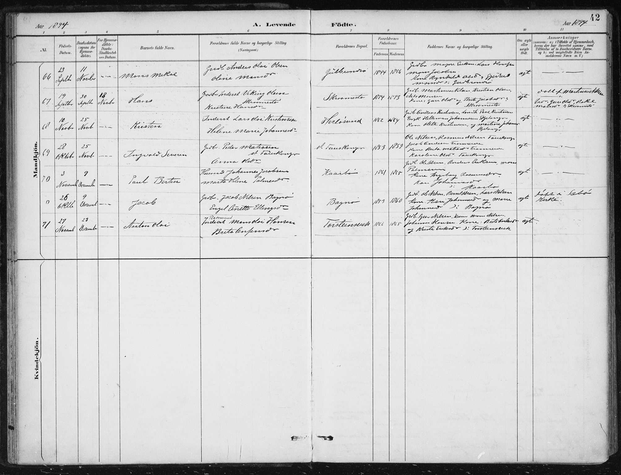 Herdla Sokneprestembete, AV/SAB-A-75701/H/Haa: Parish register (official) no. A 4, 1891-1905, p. 42