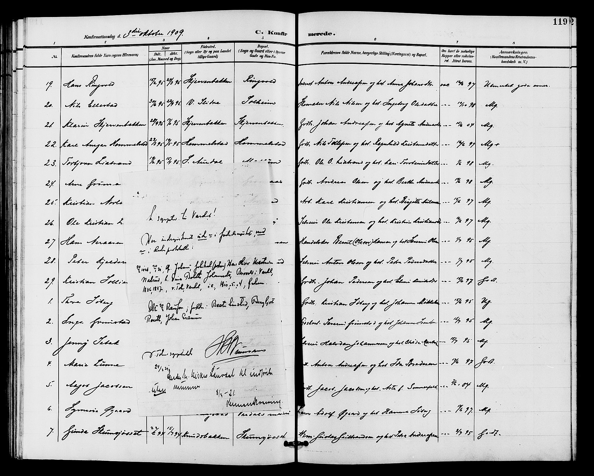Vardal prestekontor, SAH/PREST-100/H/Ha/Hab/L0011: Parish register (copy) no. 11, 1899-1913, p. 119