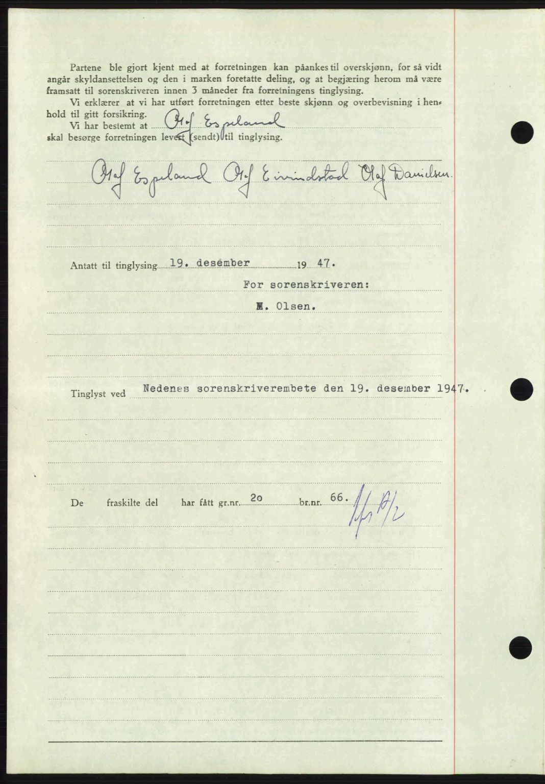 Nedenes sorenskriveri, AV/SAK-1221-0006/G/Gb/Gba/L0058: Mortgage book no. A10, 1947-1948, Diary no: : 1915/1947