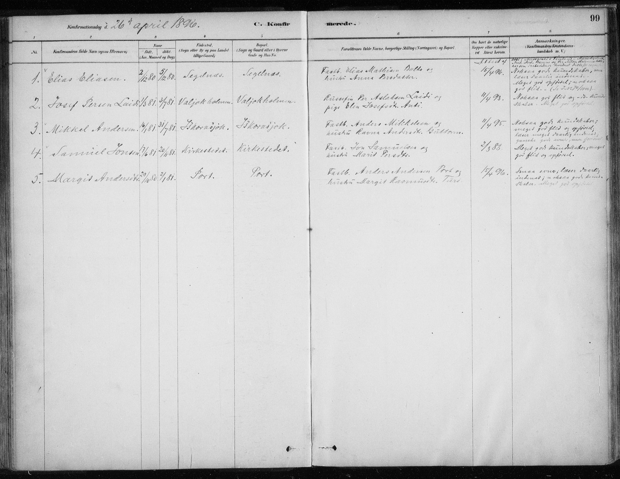 Karasjok sokneprestkontor, AV/SATØ-S-1352/H/Ha/L0002kirke: Parish register (official) no. 2, 1885-1906, p. 99