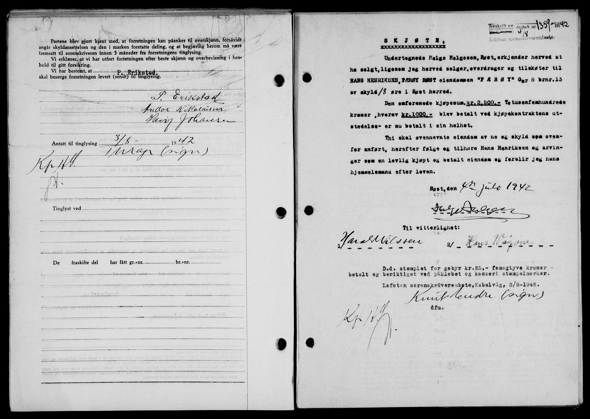 Lofoten sorenskriveri, SAT/A-0017/1/2/2C/L0010a: Mortgage book no. 10a, 1942-1943, Diary no: : 1359/1942