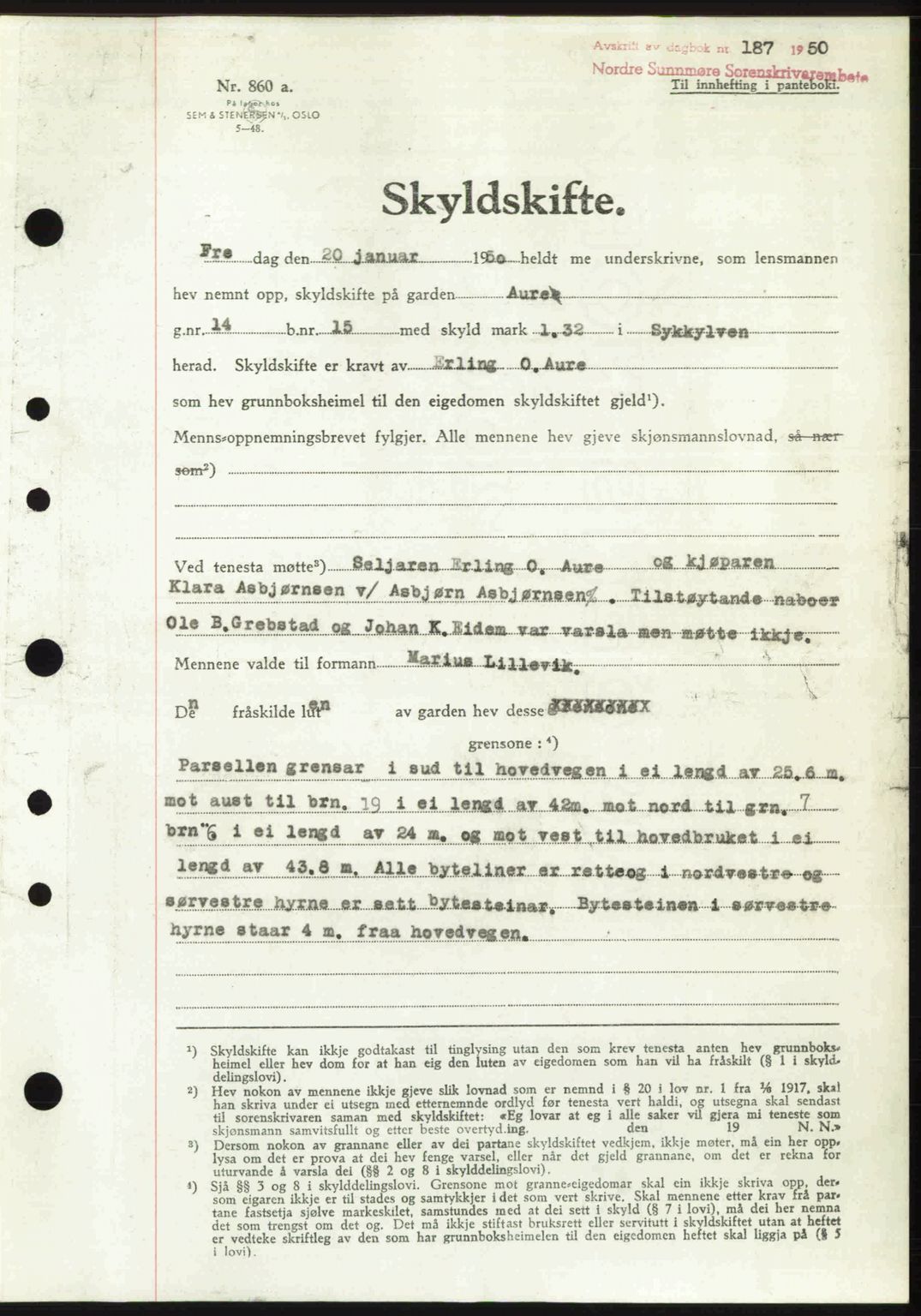 Nordre Sunnmøre sorenskriveri, AV/SAT-A-0006/1/2/2C/2Ca: Mortgage book no. A33, 1949-1950, Diary no: : 187/1950