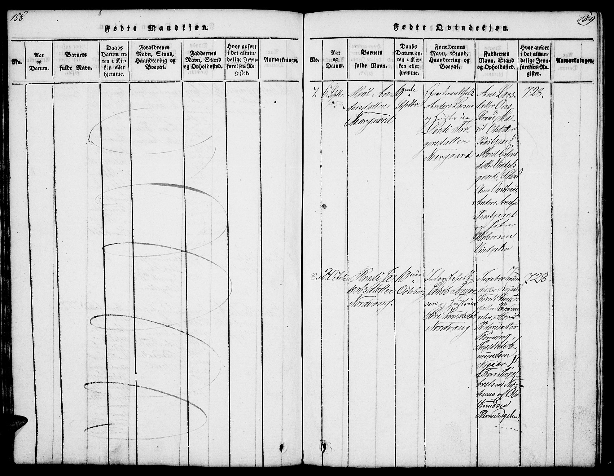 Tolga prestekontor, SAH/PREST-062/L/L0003: Parish register (copy) no. 3, 1815-1862, p. 158-159
