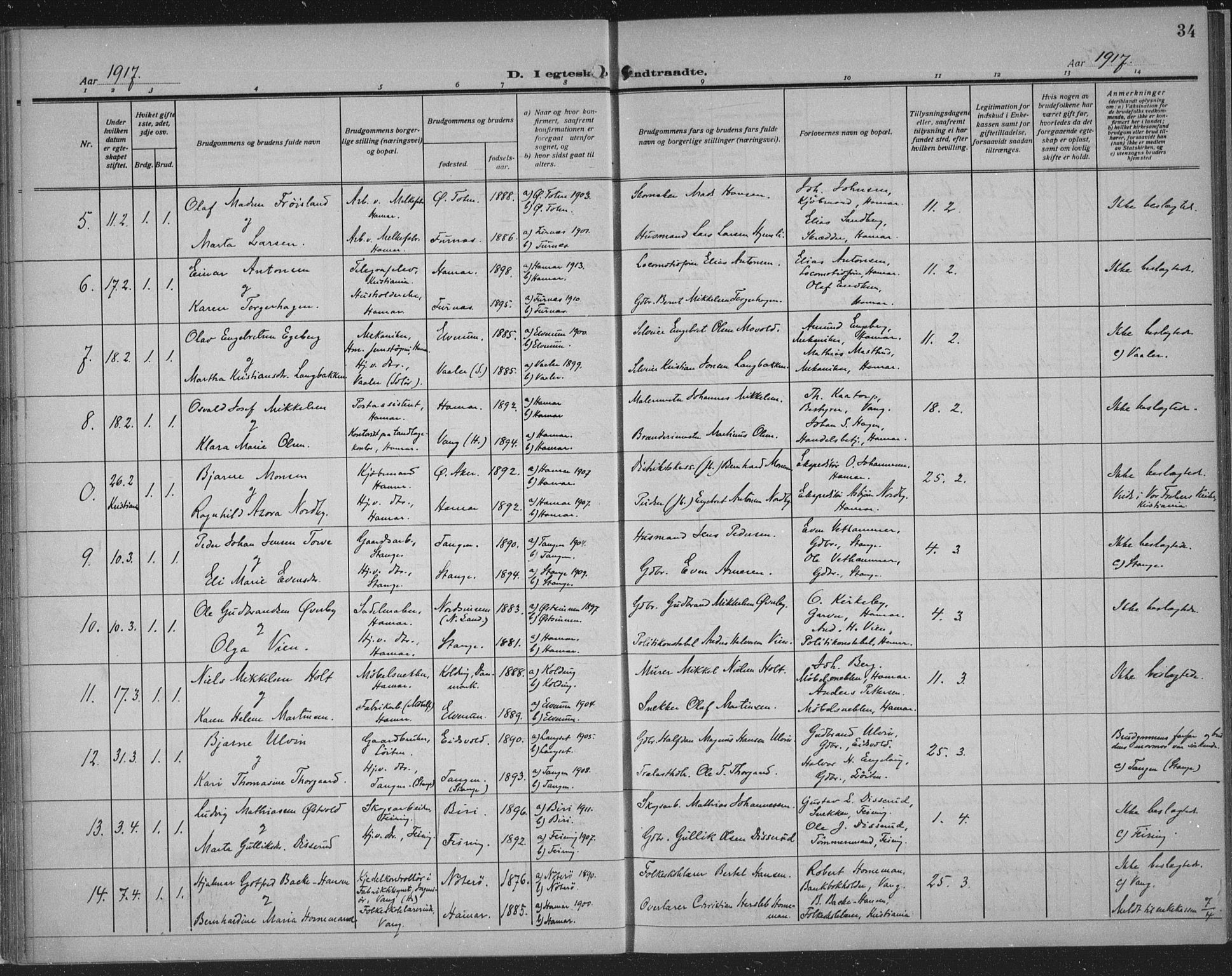 Hamar prestekontor, SAH/DOMPH-002/H/Ha/Haa/L0003: Parish register (official) no. 3, 1913-1930, p. 34