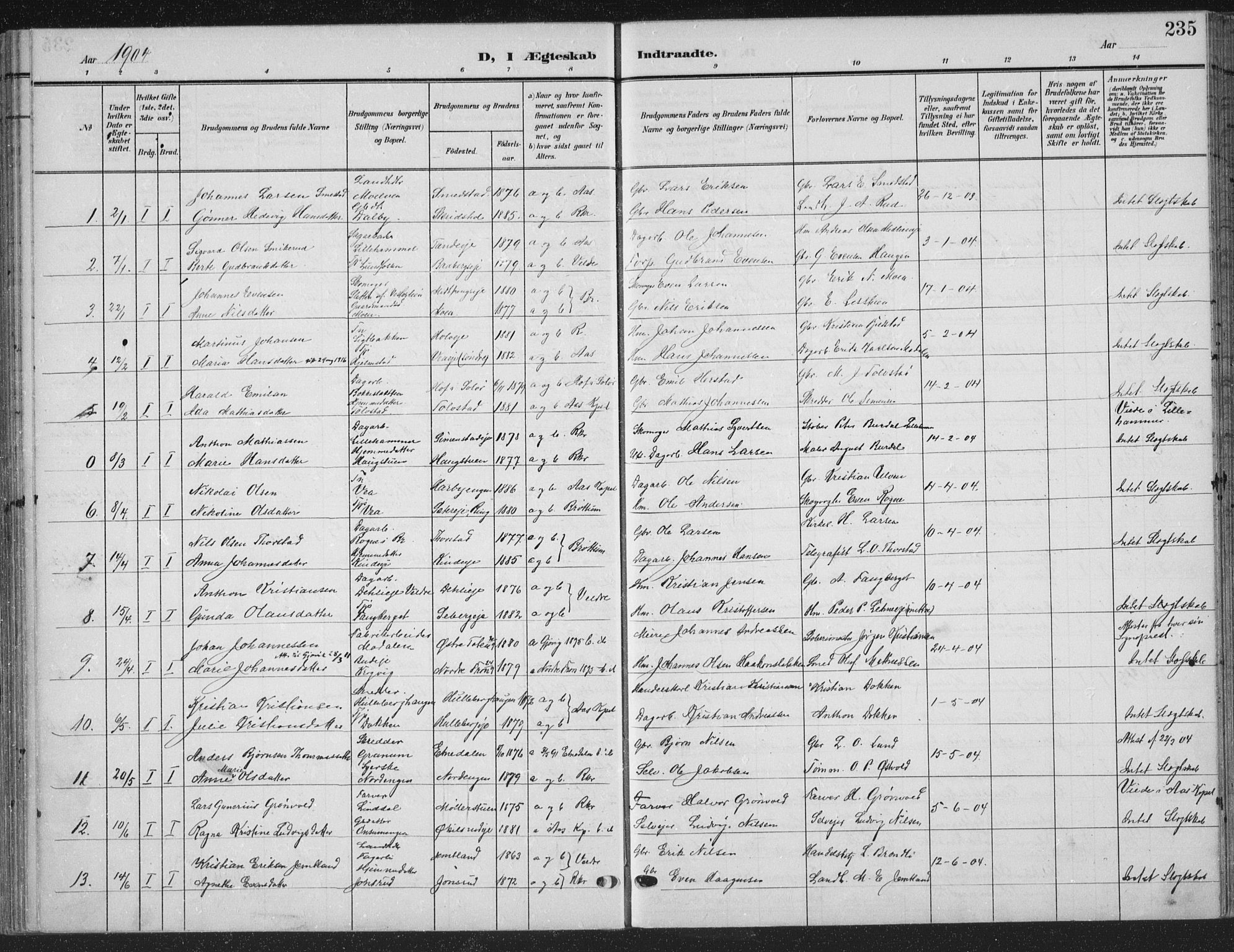 Ringsaker prestekontor, SAH/PREST-014/K/Ka/L0018: Parish register (official) no. 18, 1903-1912, p. 235