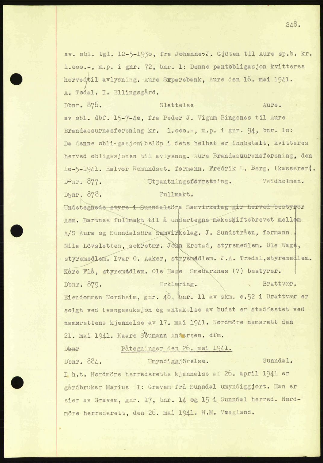 Nordmøre sorenskriveri, AV/SAT-A-4132/1/2/2Ca: Mortgage book no. C81, 1940-1945, Diary no: : 876/1941