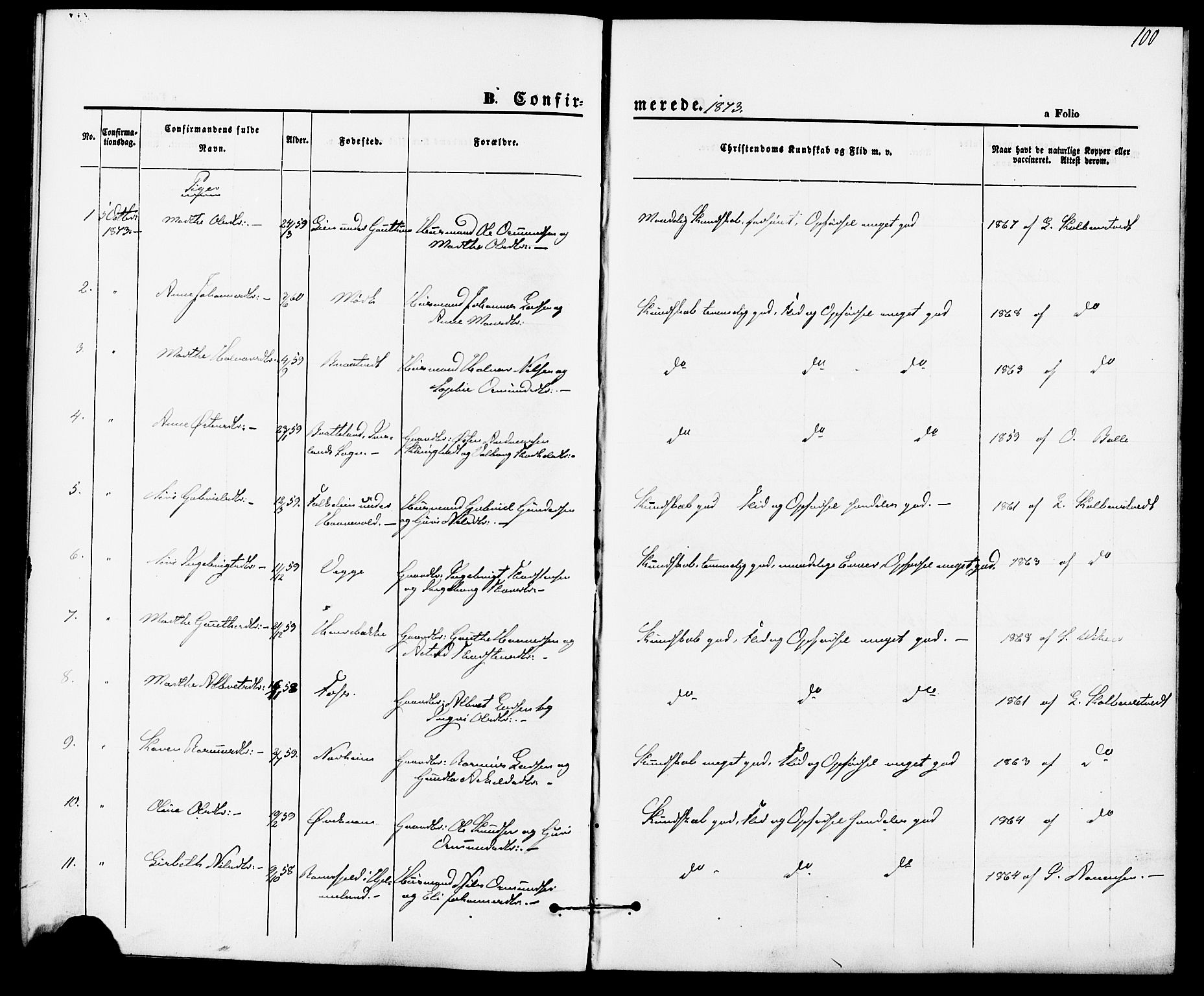 Suldal sokneprestkontor, AV/SAST-A-101845/01/IV/L0010: Parish register (official) no. A 10, 1869-1878, p. 100