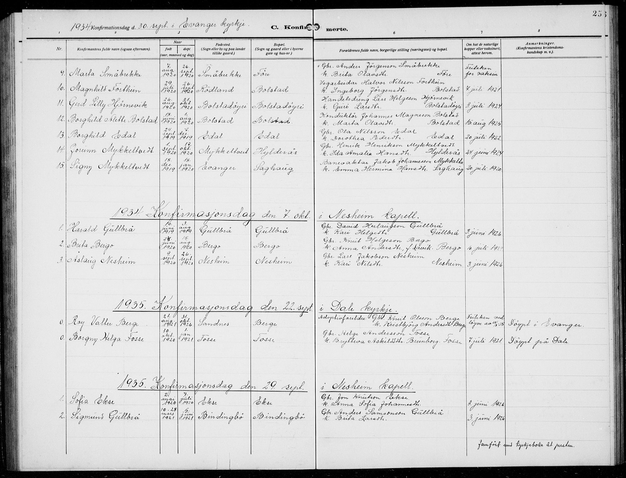 Evanger sokneprestembete, SAB/A-99924: Parish register (copy) no. A 6, 1918-1941, p. 25