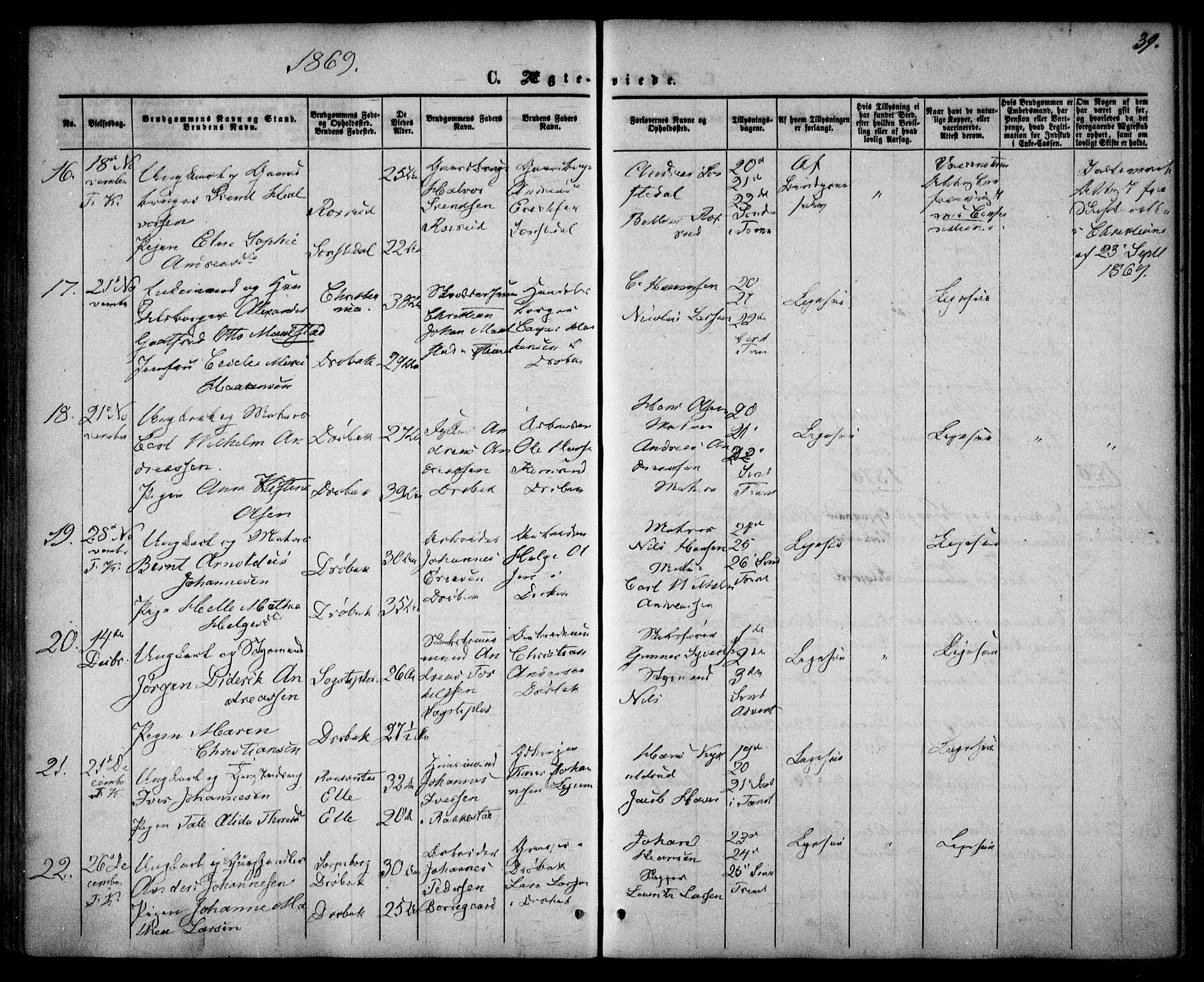 Drøbak prestekontor Kirkebøker, AV/SAO-A-10142a/F/Fa/L0002: Parish register (official) no. I 2, 1858-1870, p. 39