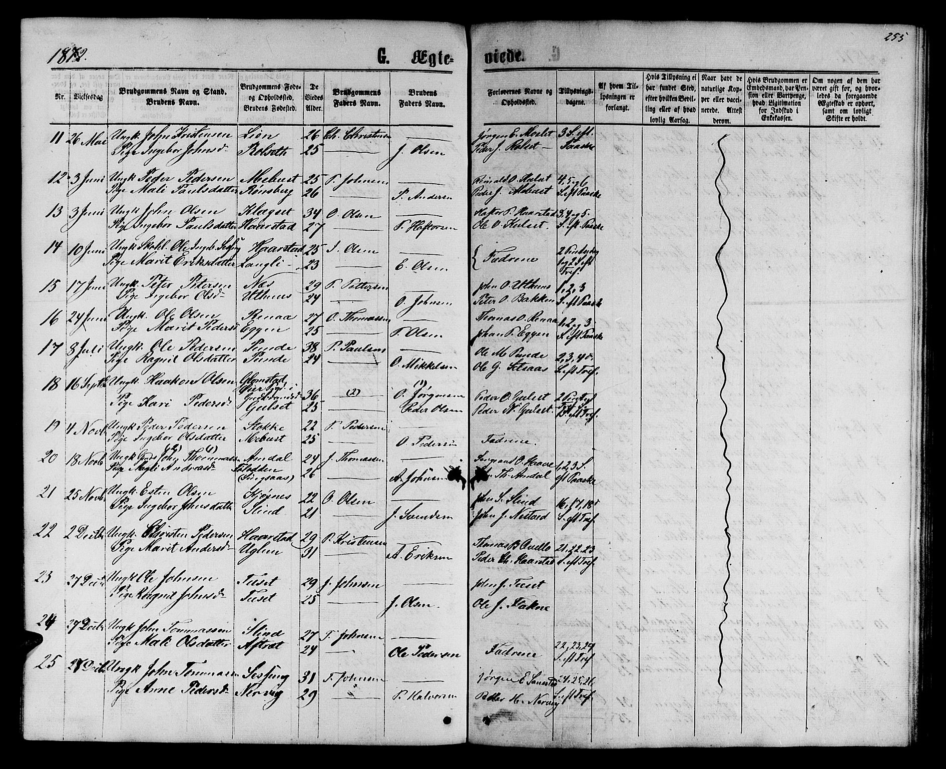 Ministerialprotokoller, klokkerbøker og fødselsregistre - Sør-Trøndelag, SAT/A-1456/695/L1156: Parish register (copy) no. 695C07, 1869-1888, p. 255