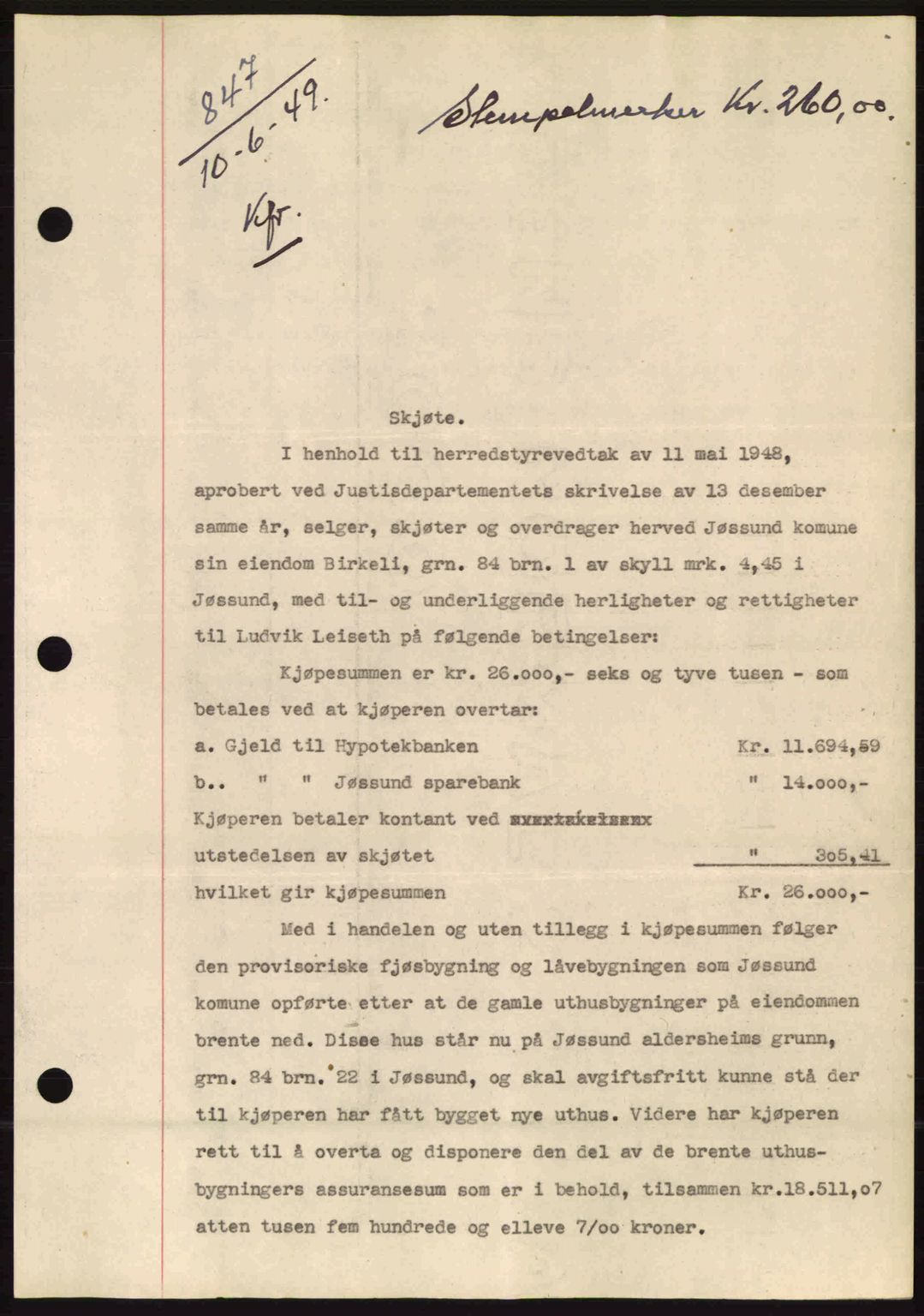 Fosen sorenskriveri, AV/SAT-A-1107/1/2/2C: Mortgage book no. A9, 1948-1949, Diary no: : 847/1949