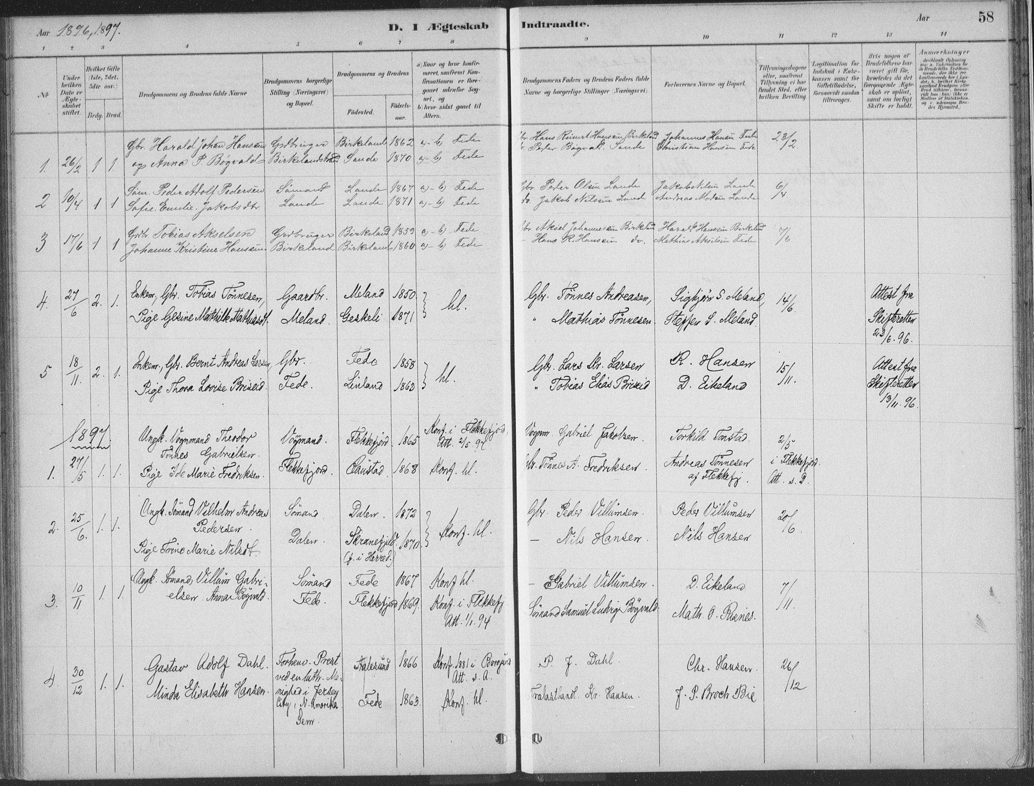 Kvinesdal sokneprestkontor, SAK/1111-0026/F/Fa/Faa/L0004: Parish register (official) no. A 4, 1882-1897, p. 58