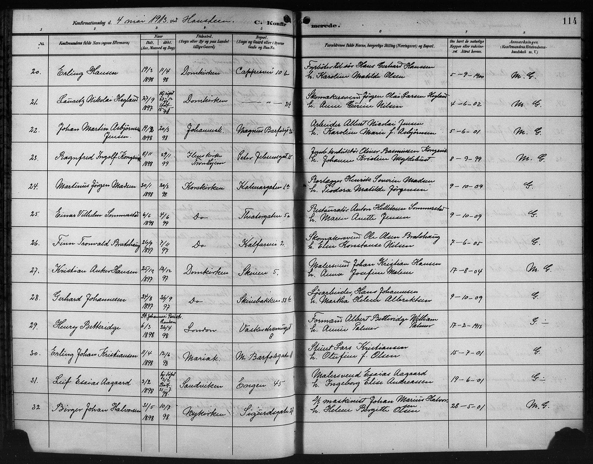 Domkirken sokneprestembete, SAB/A-74801/H/Hab/L0025: Parish register (copy) no. C 5, 1899-1916, p. 114