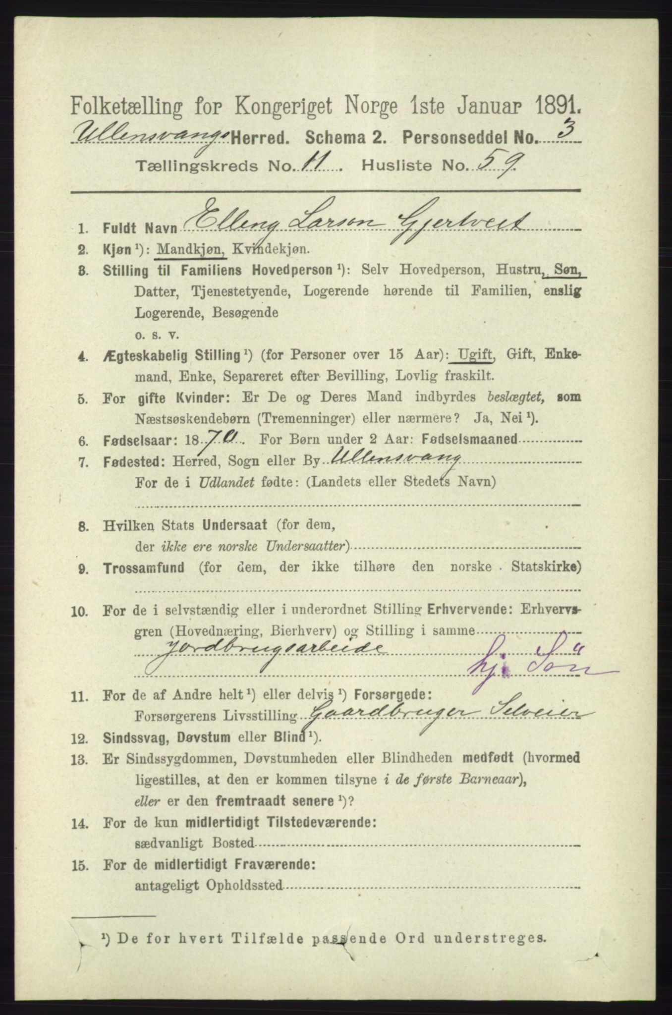 RA, 1891 census for 1230 Ullensvang, 1891, p. 4587