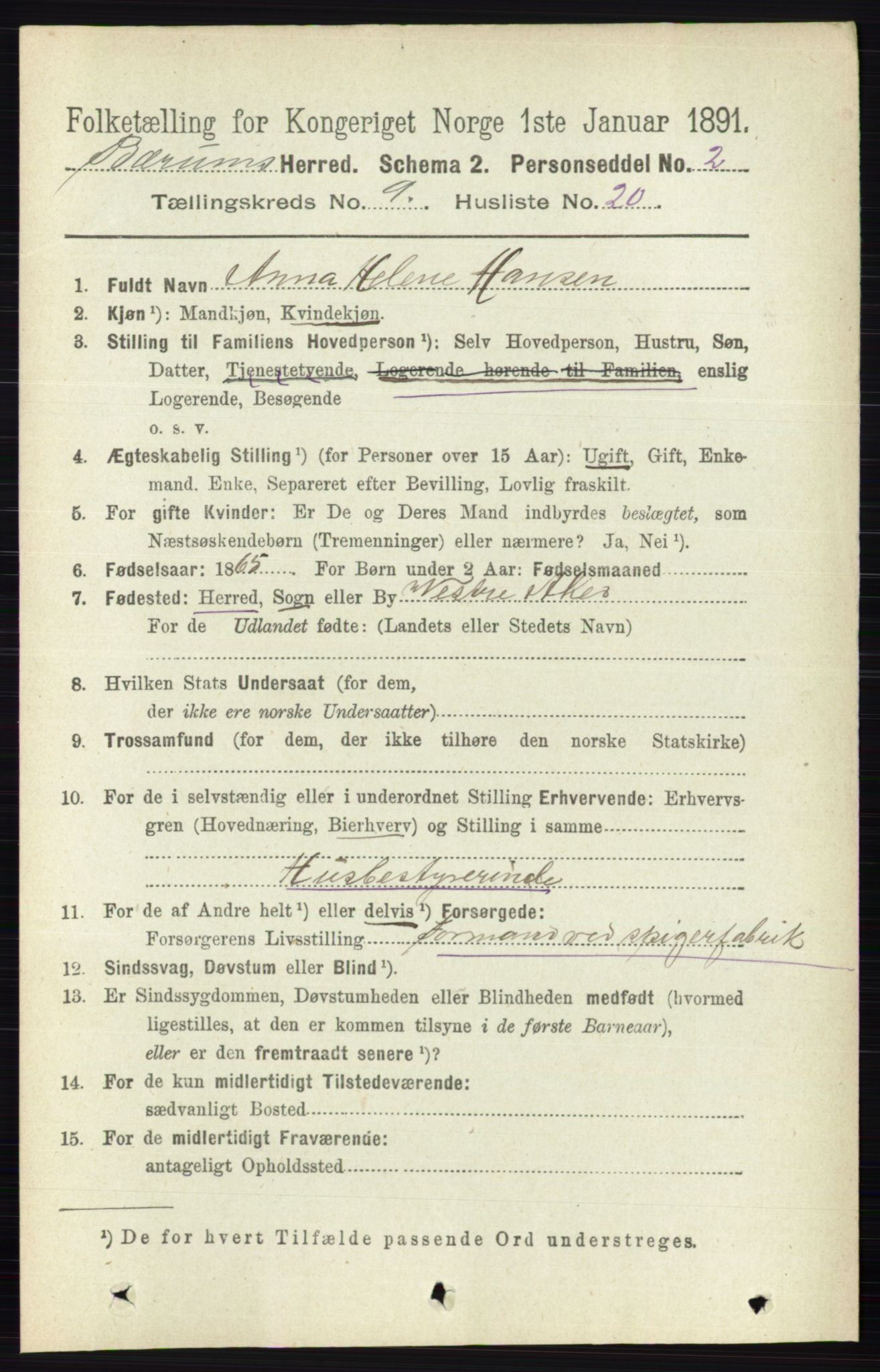RA, 1891 census for 0219 Bærum, 1891, p. 5290