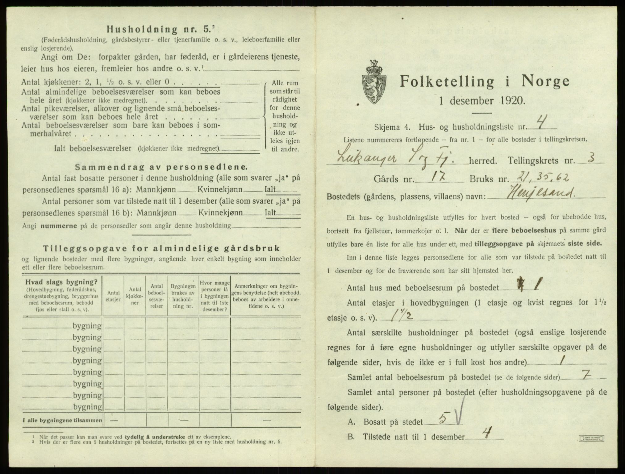 SAB, 1920 census for Leikanger, 1920, p. 284