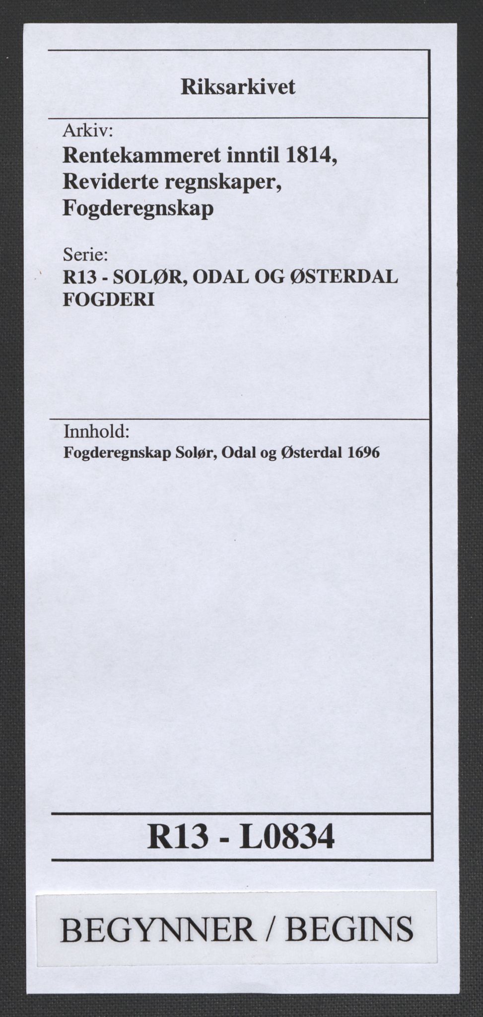 Rentekammeret inntil 1814, Reviderte regnskaper, Fogderegnskap, AV/RA-EA-4092/R13/L0834: Fogderegnskap Solør, Odal og Østerdal, 1696, p. 1