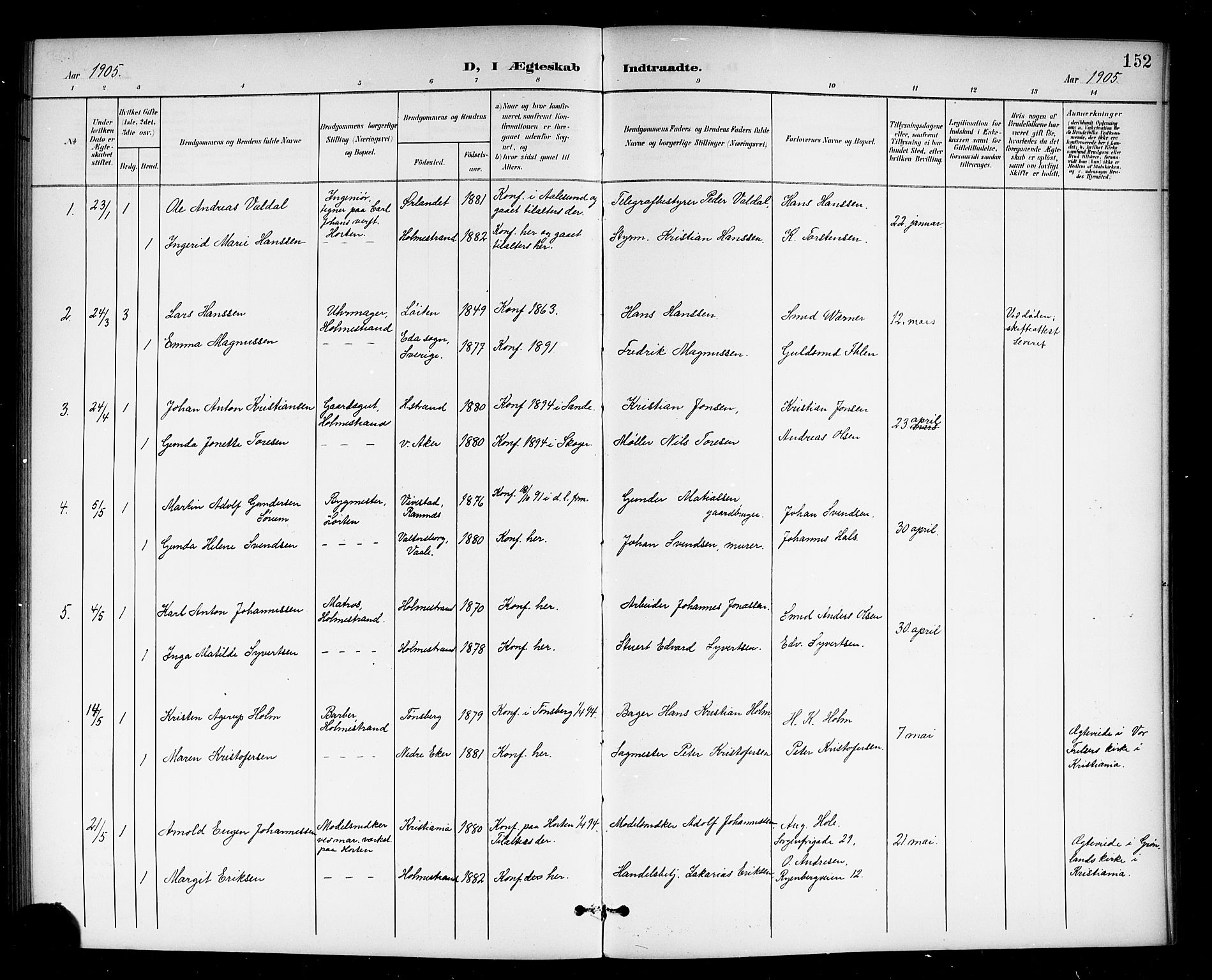 Holmestrand kirkebøker, AV/SAKO-A-346/G/Ga/L0006: Parish register (copy) no. 6, 1901-1923, p. 152