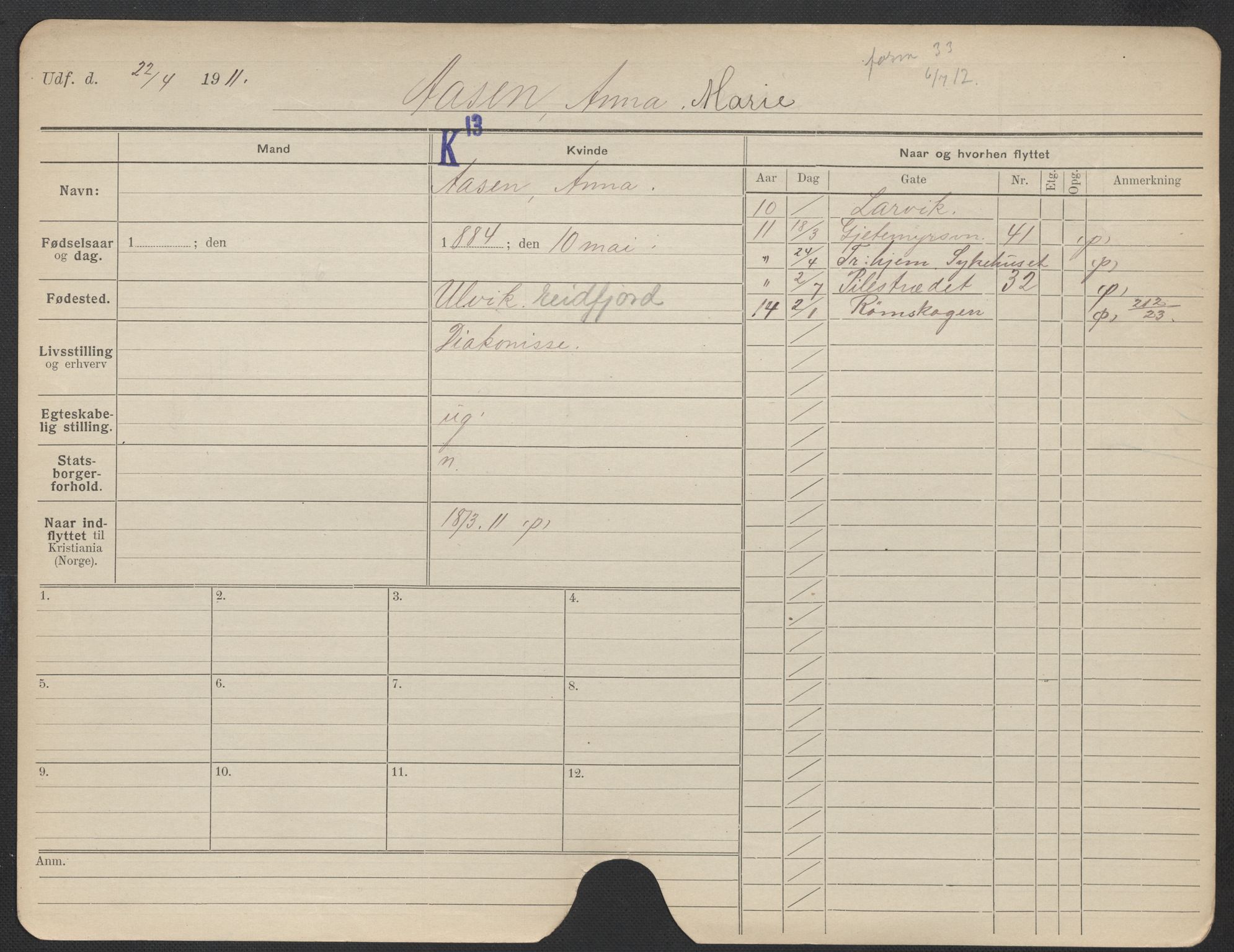 Oslo folkeregister, Registerkort, AV/SAO-A-11715/F/Fa/Fac/L0025: Kvinner, 1906-1914, p. 1277a