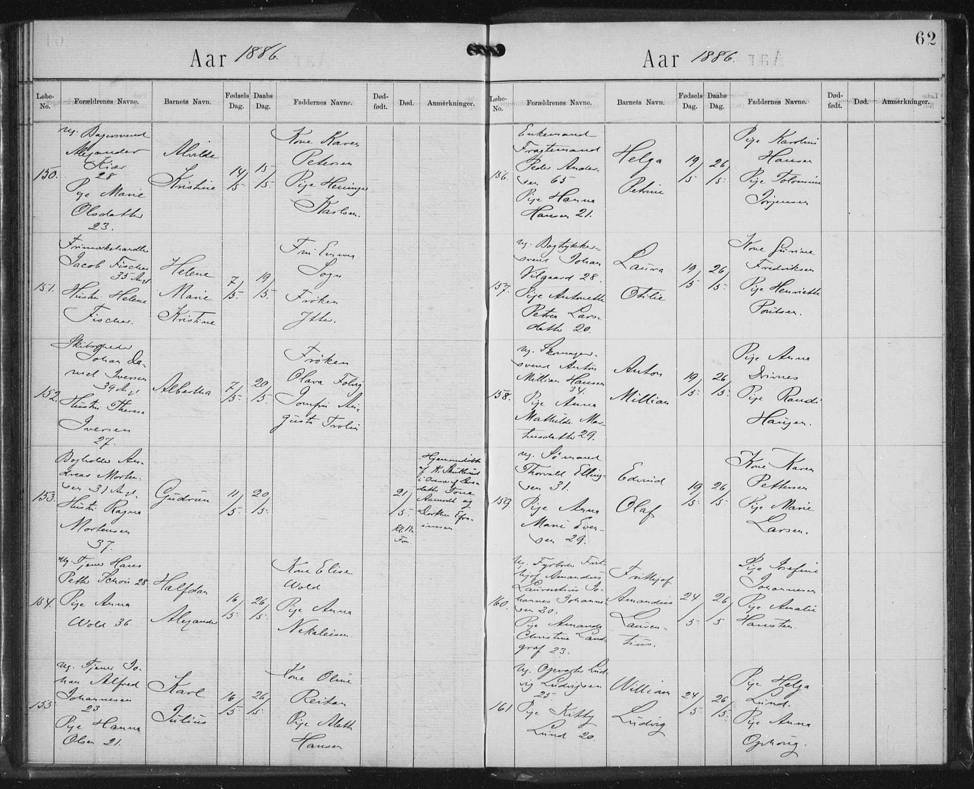 Rikshospitalet prestekontor Kirkebøker, SAO/A-10309b/K/L0003/0002: Baptism register no. 3.2, 1884-1889, p. 62