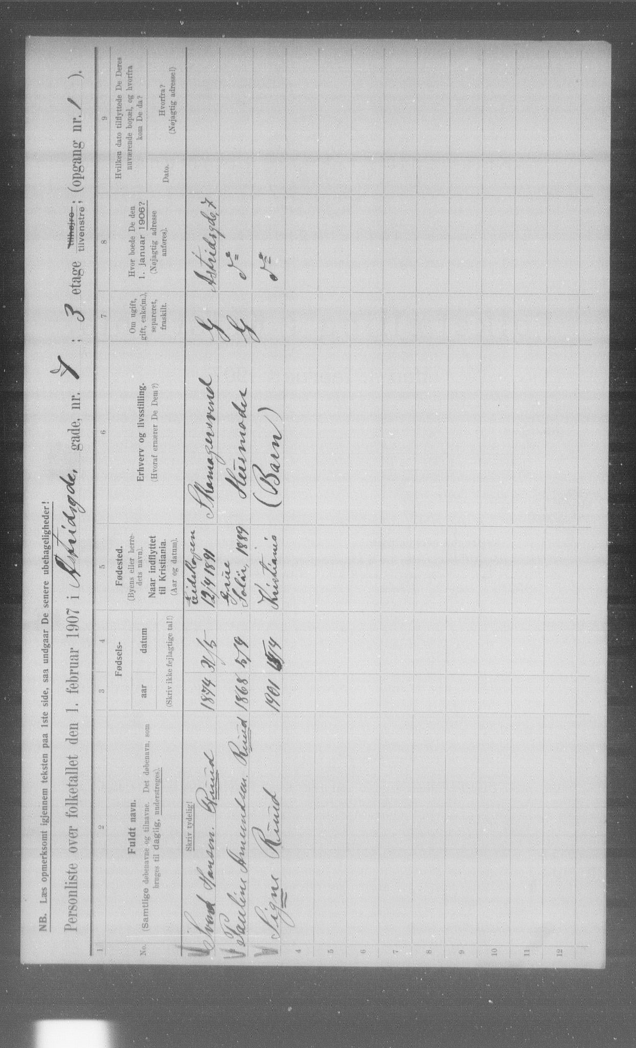 OBA, Municipal Census 1907 for Kristiania, 1907, p. 1373