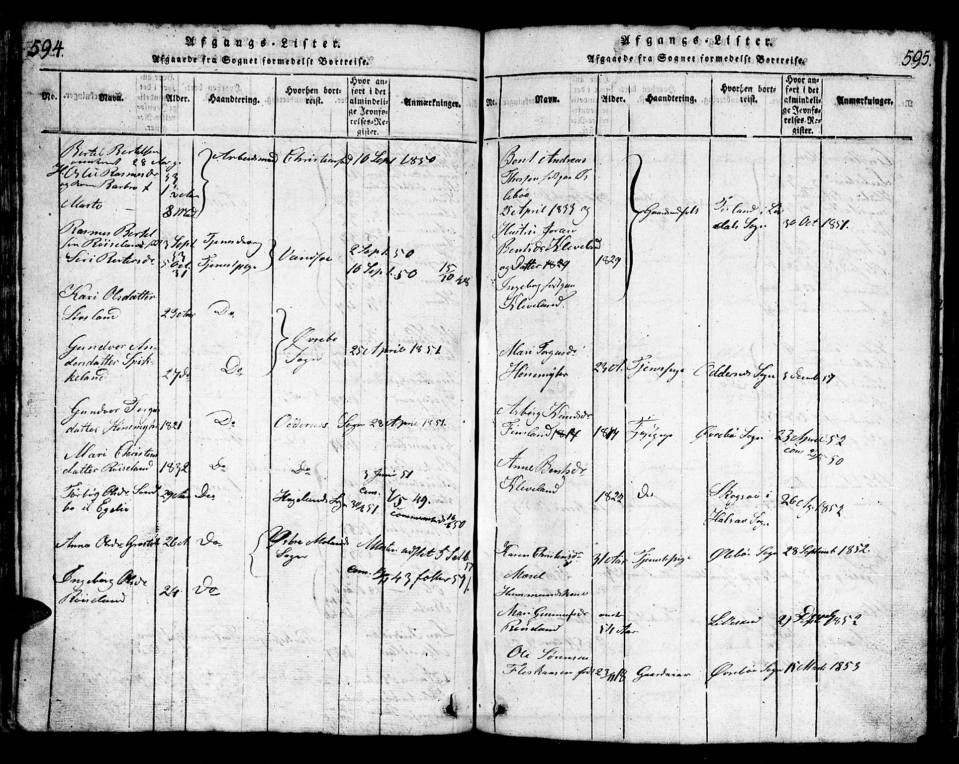 Bjelland sokneprestkontor, SAK/1111-0005/F/Fb/Fbb/L0003: Parish register (copy) no. B 3, 1816-1868, p. 594-595