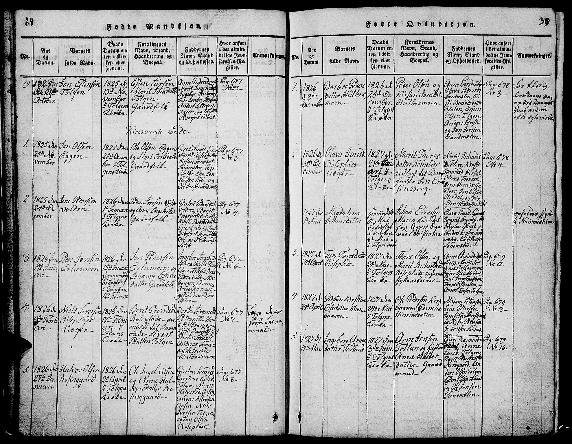 Tolga prestekontor, SAH/PREST-062/L/L0001: Parish register (copy) no. 1, 1814-1877, p. 38-39