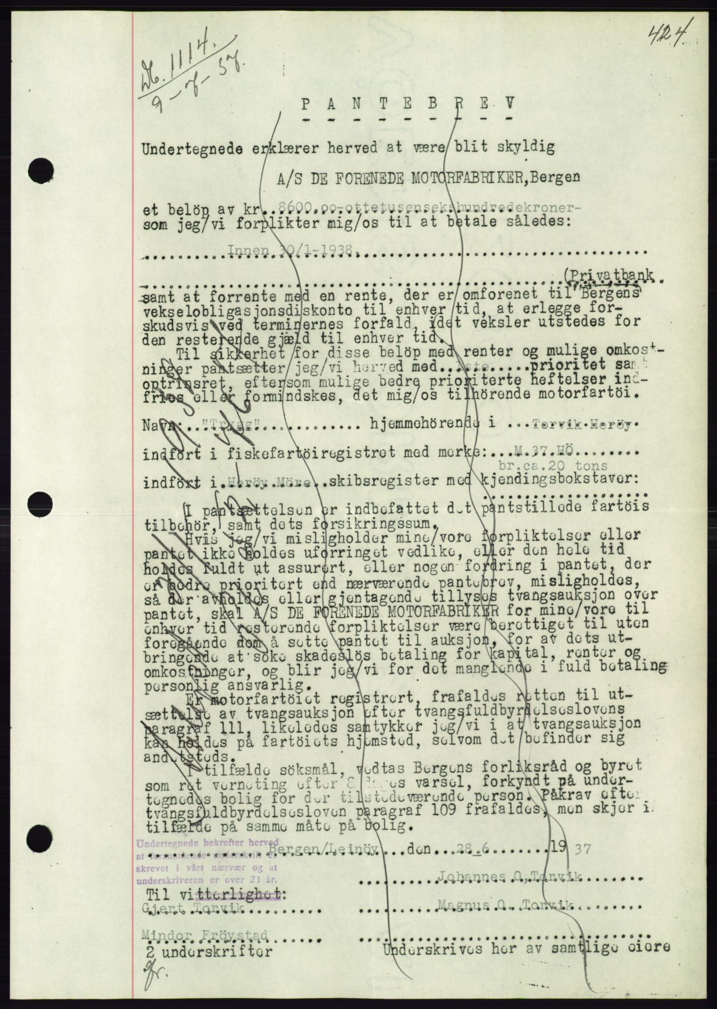 Søre Sunnmøre sorenskriveri, AV/SAT-A-4122/1/2/2C/L0063: Mortgage book no. 57, 1937-1937, Diary no: : 1114/1937