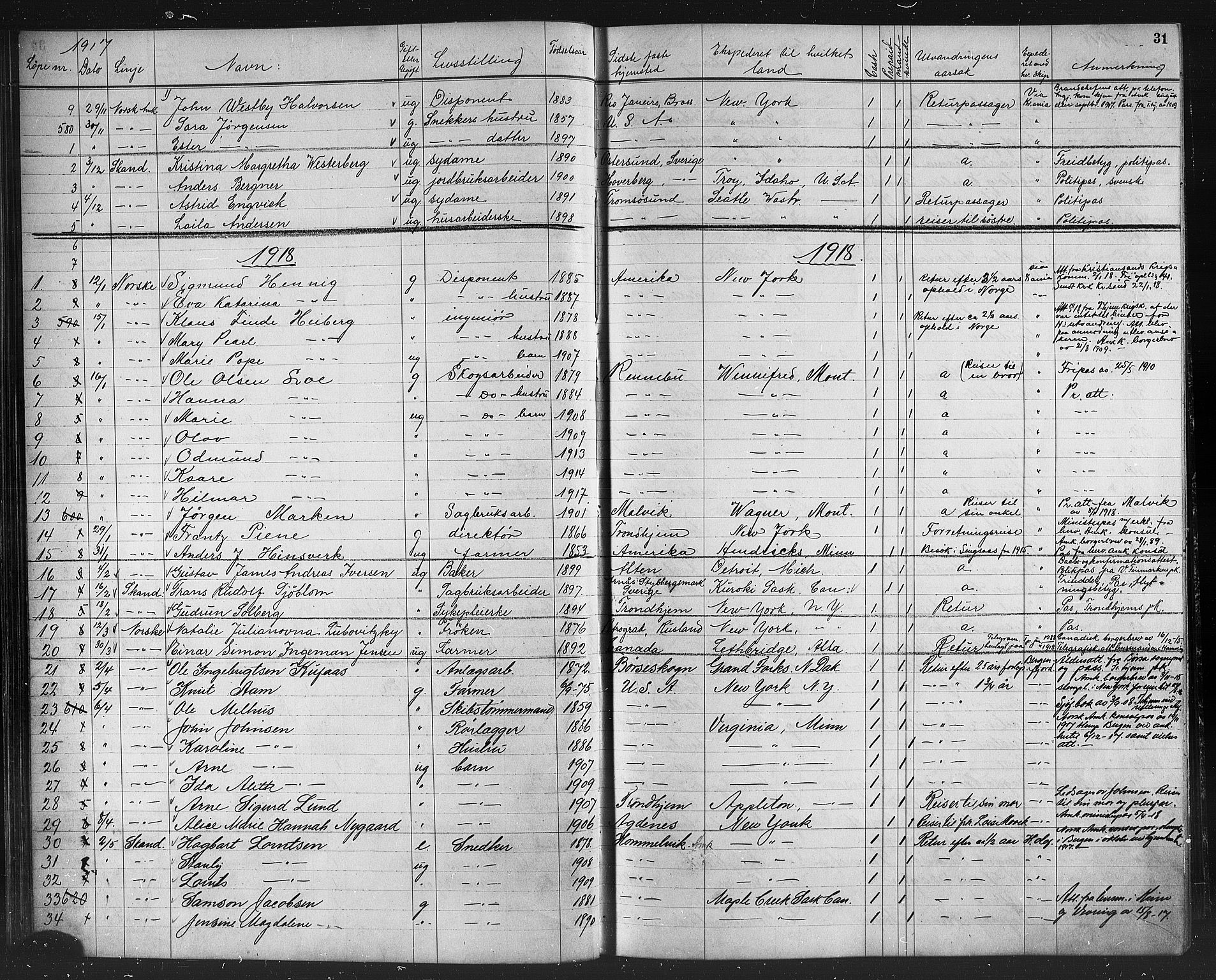 Trondheim politikammer, AV/SAT-A-1887/1/32/L0016: Emigrantprotokoll XV, 1916-1926, p. 31