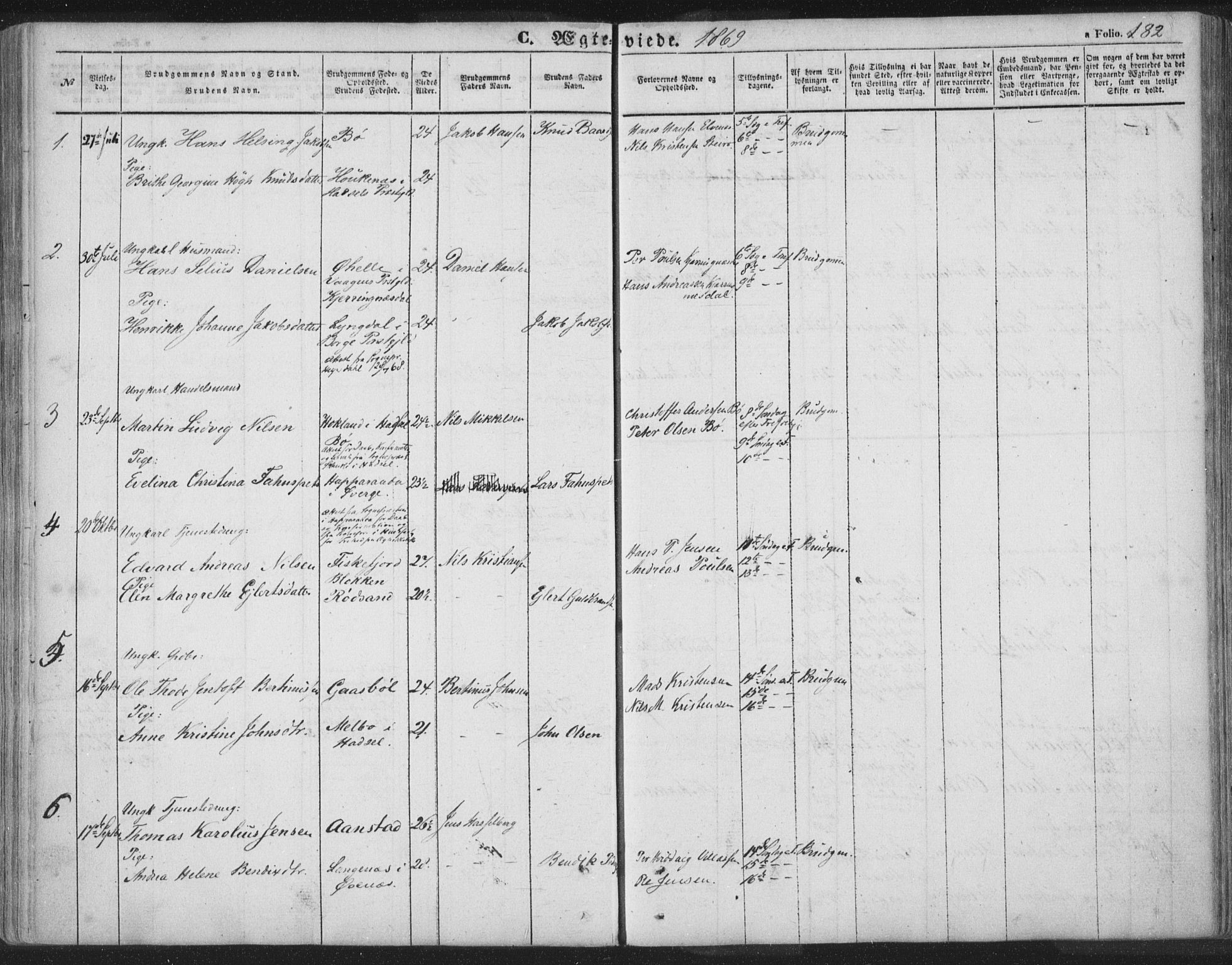 Ministerialprotokoller, klokkerbøker og fødselsregistre - Nordland, AV/SAT-A-1459/895/L1369: Parish register (official) no. 895A04, 1852-1872, p. 182