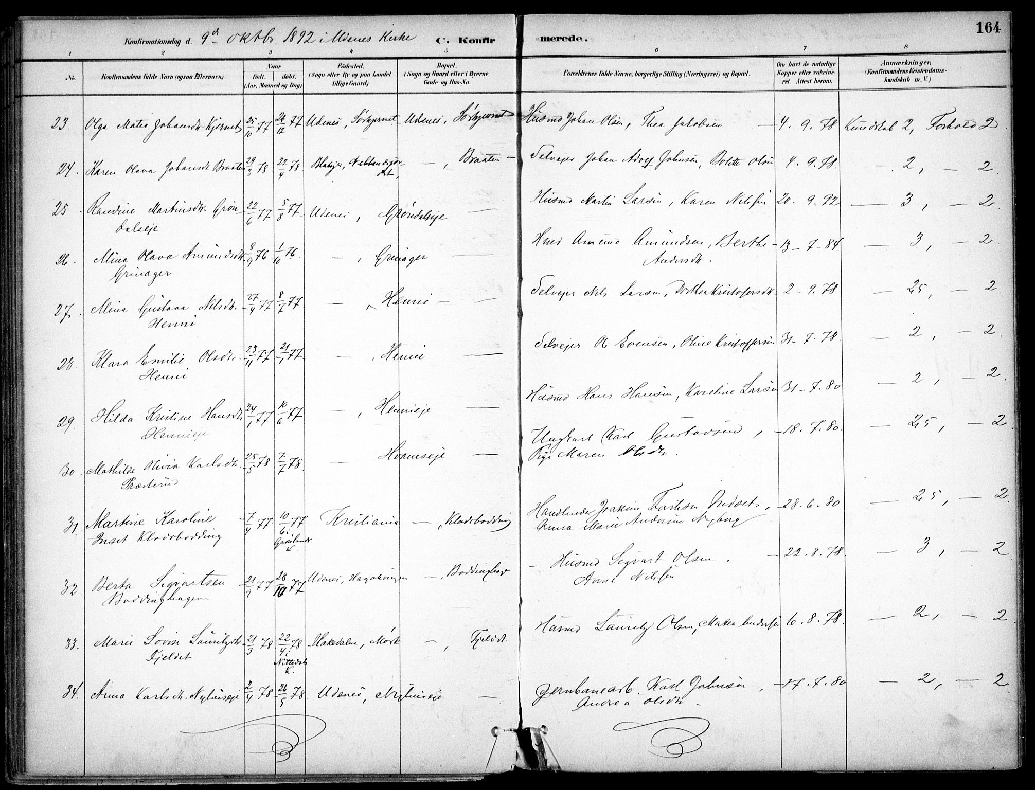 Nes prestekontor Kirkebøker, AV/SAO-A-10410/F/Fc/L0002: Parish register (official) no. IIi 2, 1882-1916, p. 164