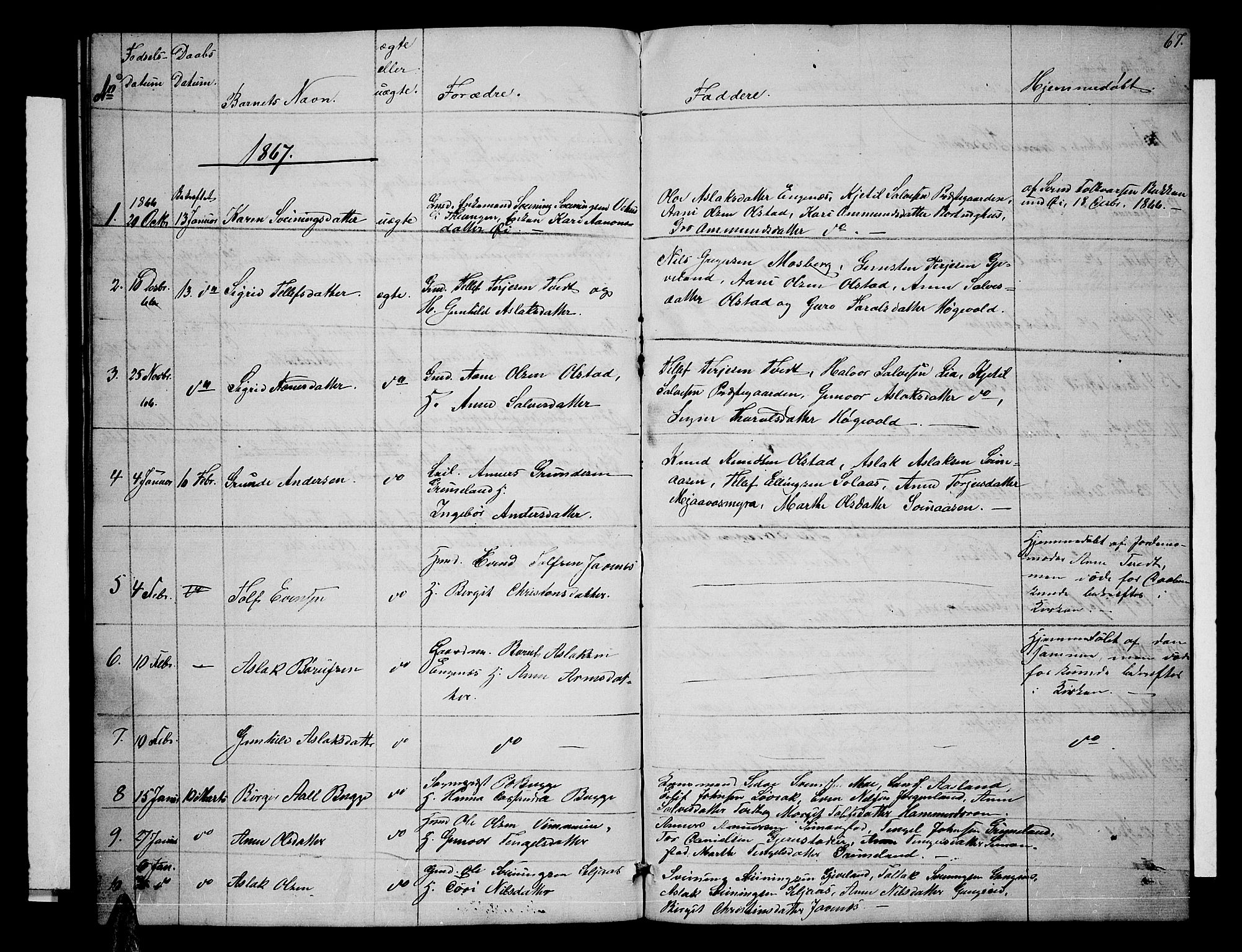 Åmli sokneprestkontor, AV/SAK-1111-0050/F/Fb/Fbc/L0002: Parish register (copy) no. B 2, 1850-1867, p. 67