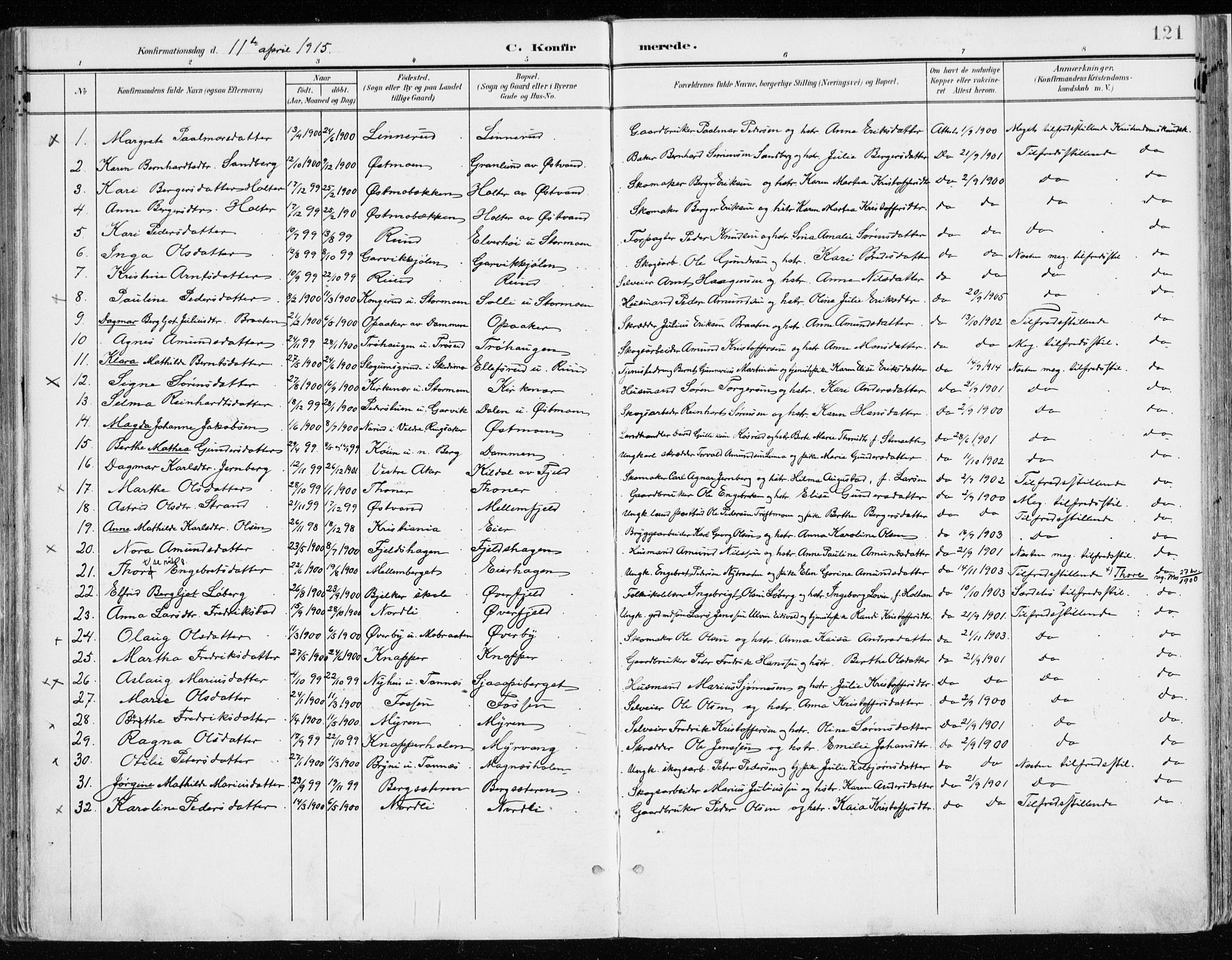 Nord-Odal prestekontor, AV/SAH-PREST-032/H/Ha/Haa/L0009: Parish register (official) no. 9, 1902-1926, p. 121