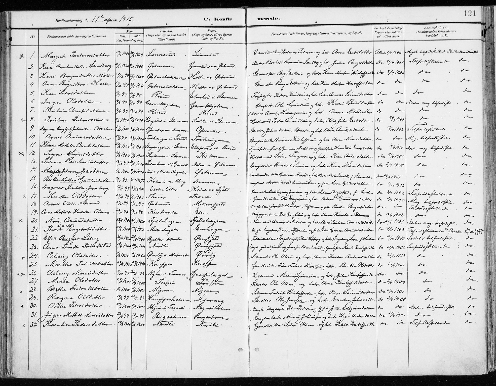 Nord-Odal prestekontor, SAH/PREST-032/H/Ha/Haa/L0009: Parish register (official) no. 9, 1902-1926, p. 121