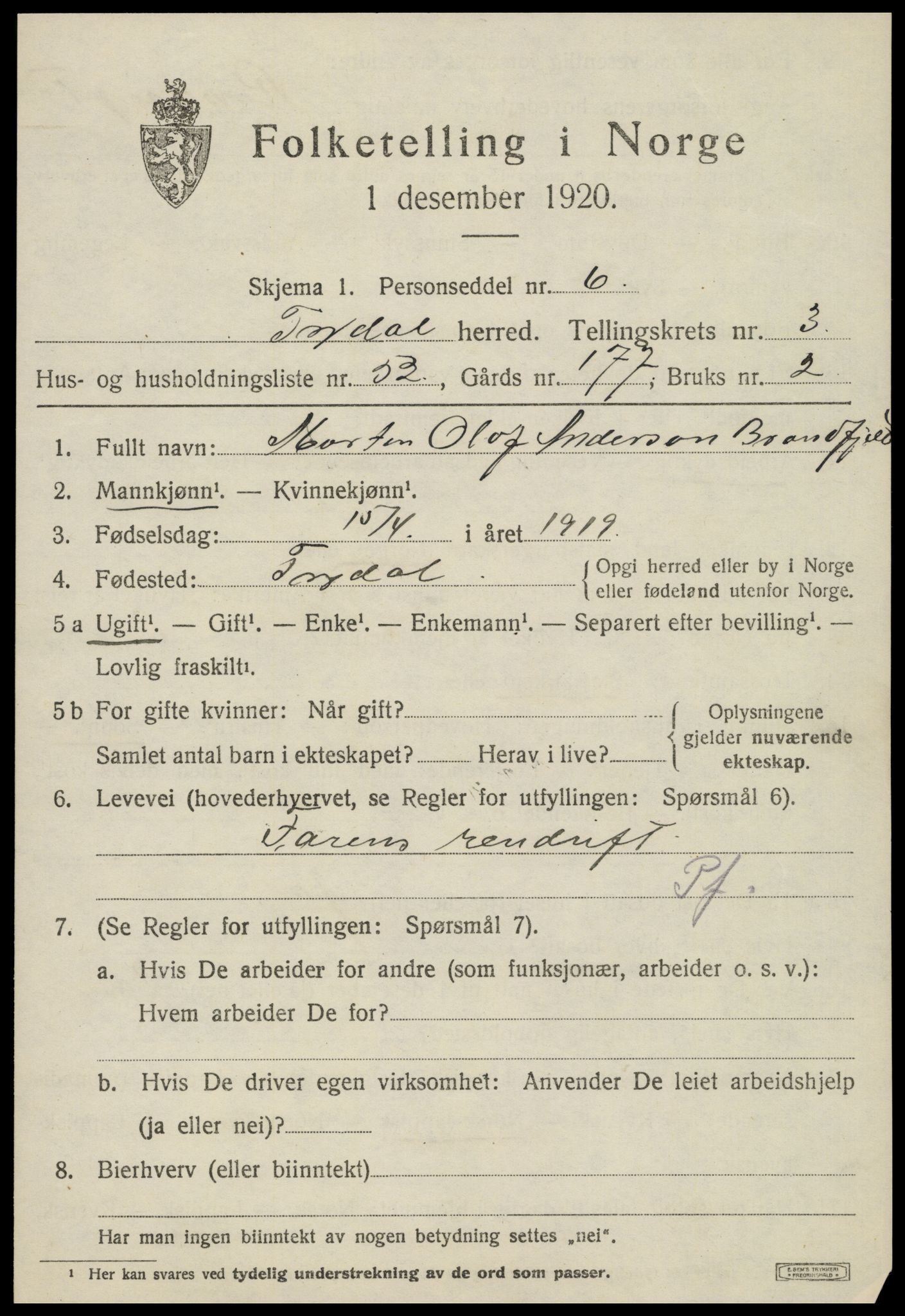 SAT, 1920 census for Tydal, 1920, p. 1503