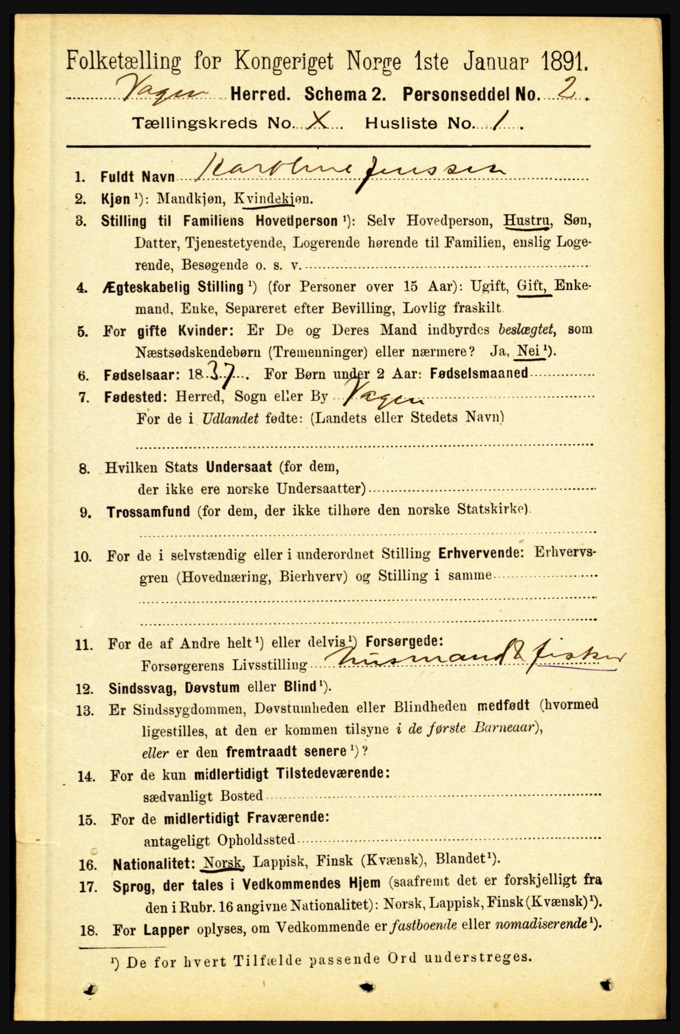 RA, 1891 census for 1865 Vågan, 1891, p. 2553