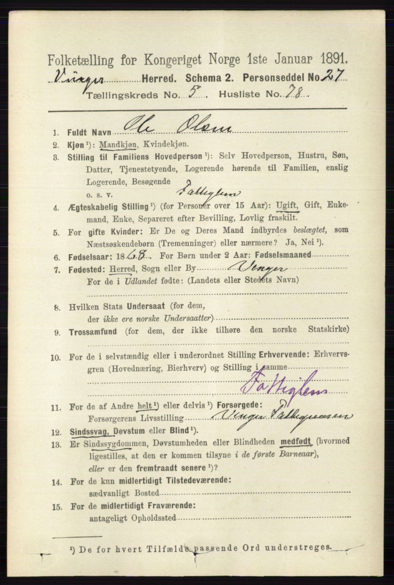 RA, 1891 census for 0421 Vinger, 1891, p. 2502