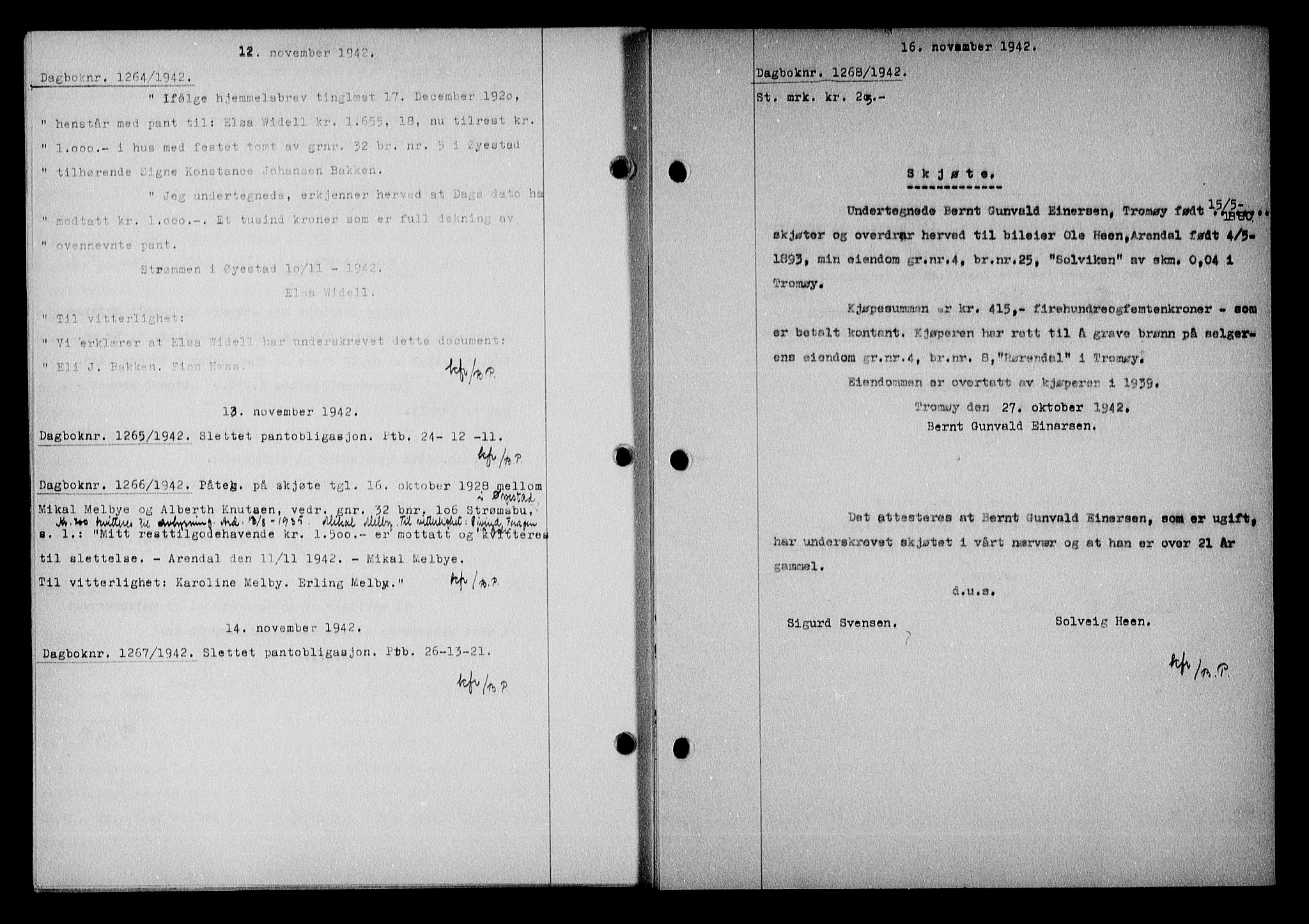 Nedenes sorenskriveri, SAK/1221-0006/G/Gb/Gba/L0050: Mortgage book no. A-IV, 1942-1943, Diary no: : 1268/1942