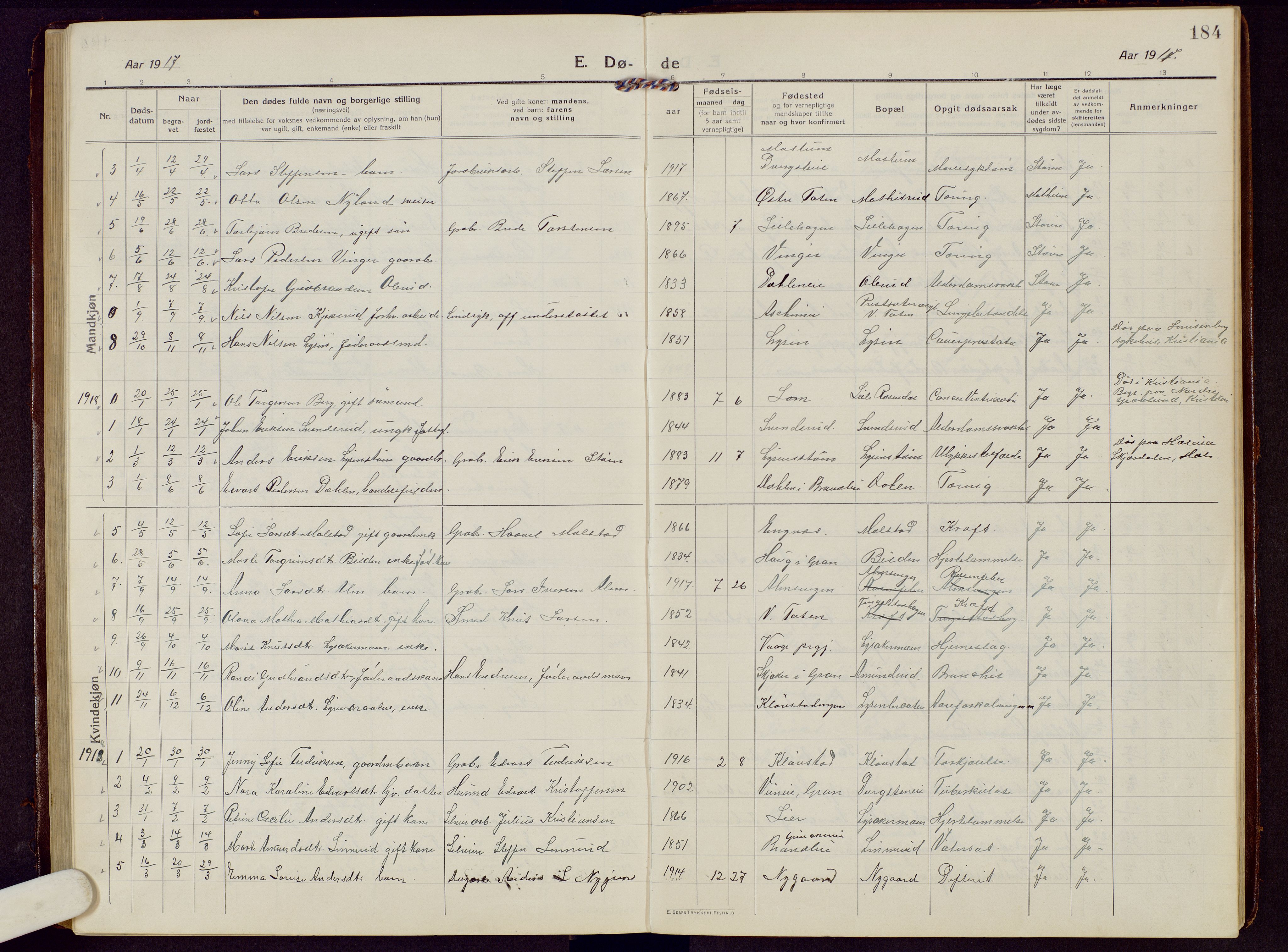 Brandbu prestekontor, AV/SAH-PREST-114/H/Ha/Hab/L0010: Parish register (copy) no. 10, 1916-1930, p. 184