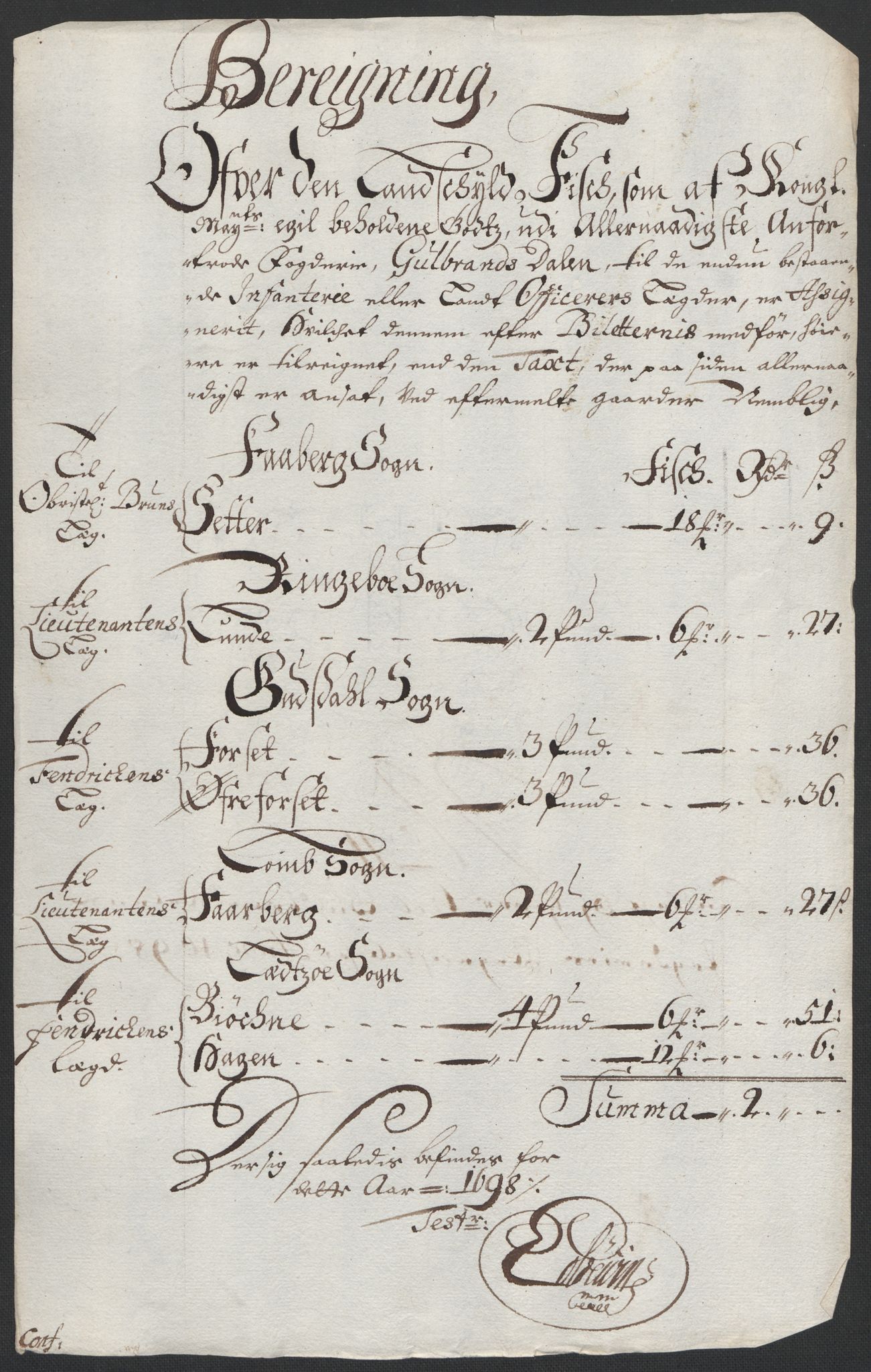 Rentekammeret inntil 1814, Reviderte regnskaper, Fogderegnskap, RA/EA-4092/R17/L1171: Fogderegnskap Gudbrandsdal, 1698, p. 126