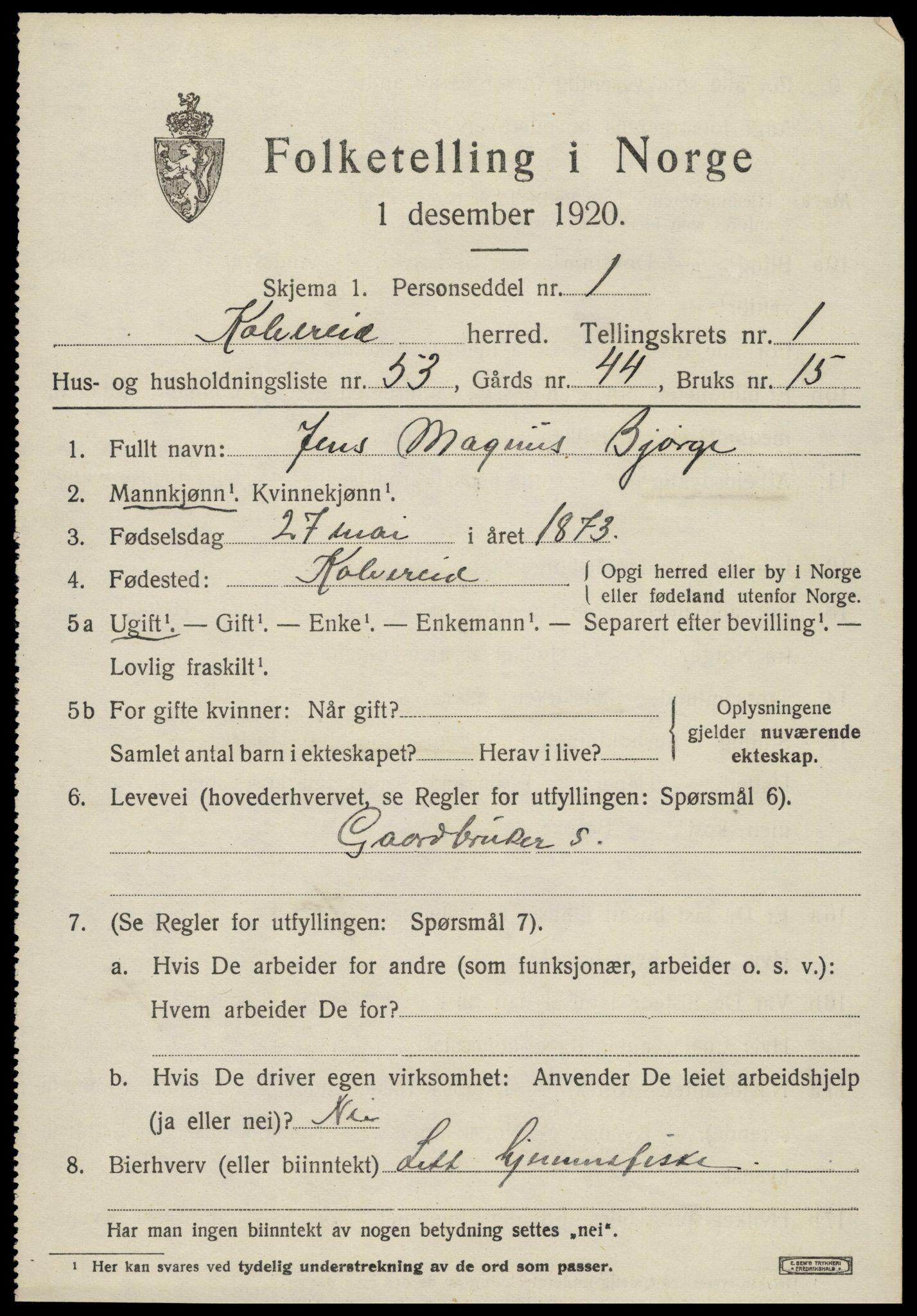 SAT, 1920 census for Kolvereid, 1920, p. 1497