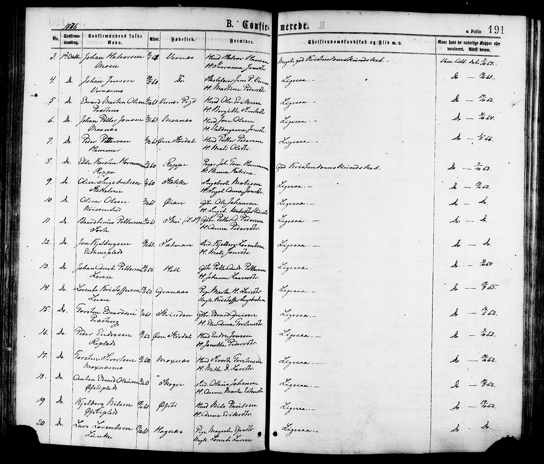 Ministerialprotokoller, klokkerbøker og fødselsregistre - Nord-Trøndelag, SAT/A-1458/709/L0076: Parish register (official) no. 709A16, 1871-1879, p. 191