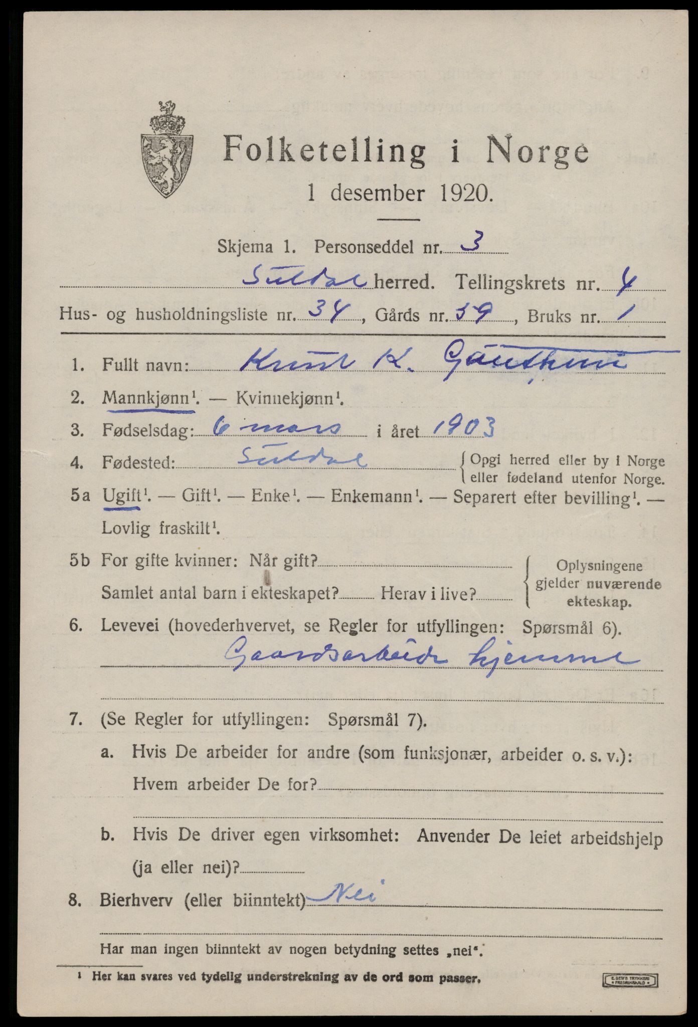 SAST, 1920 census for Suldal, 1920, p. 1332