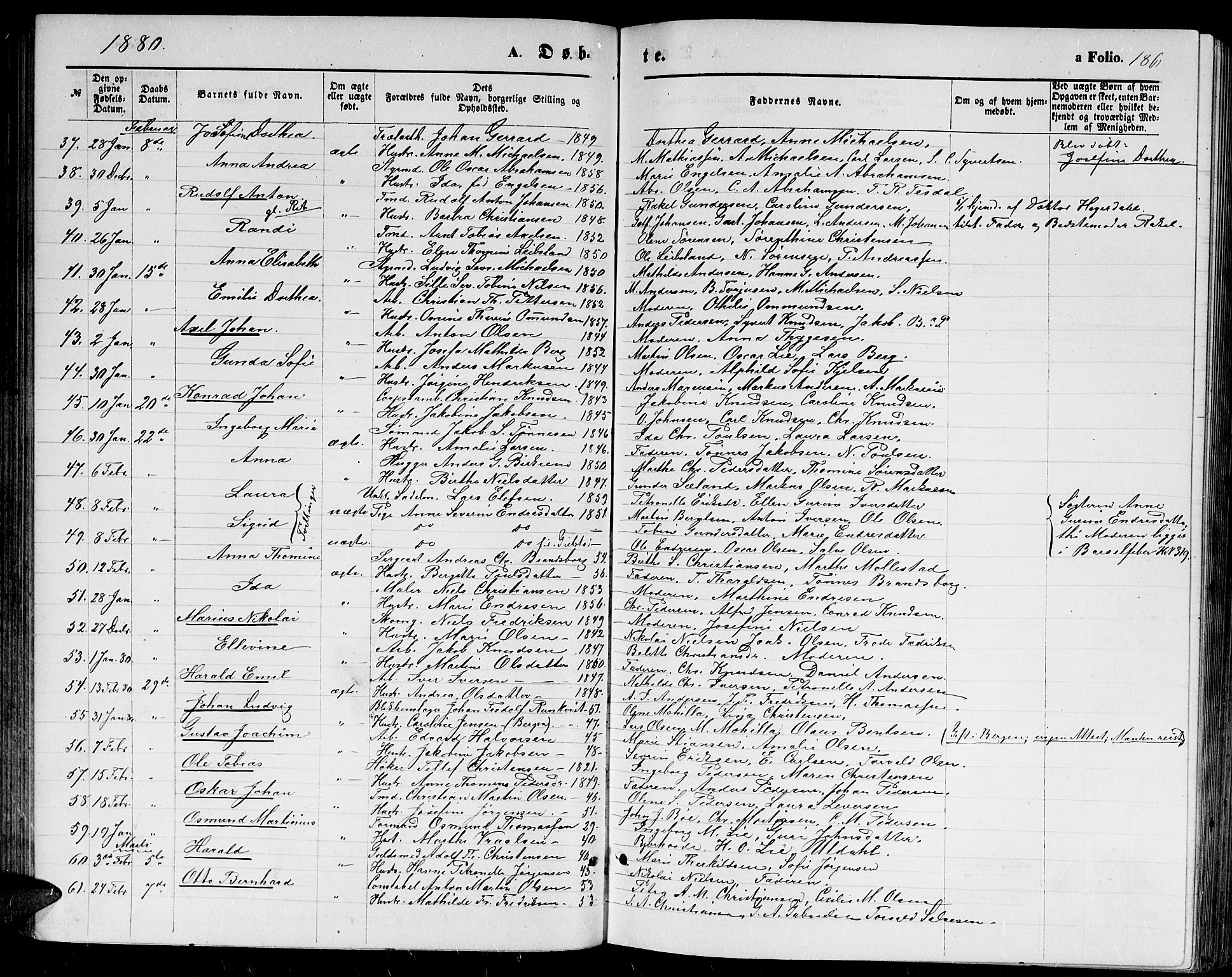 Kristiansand domprosti, AV/SAK-1112-0006/F/Fb/L0013: Parish register (copy) no. B 13, 1871-1880, p. 186