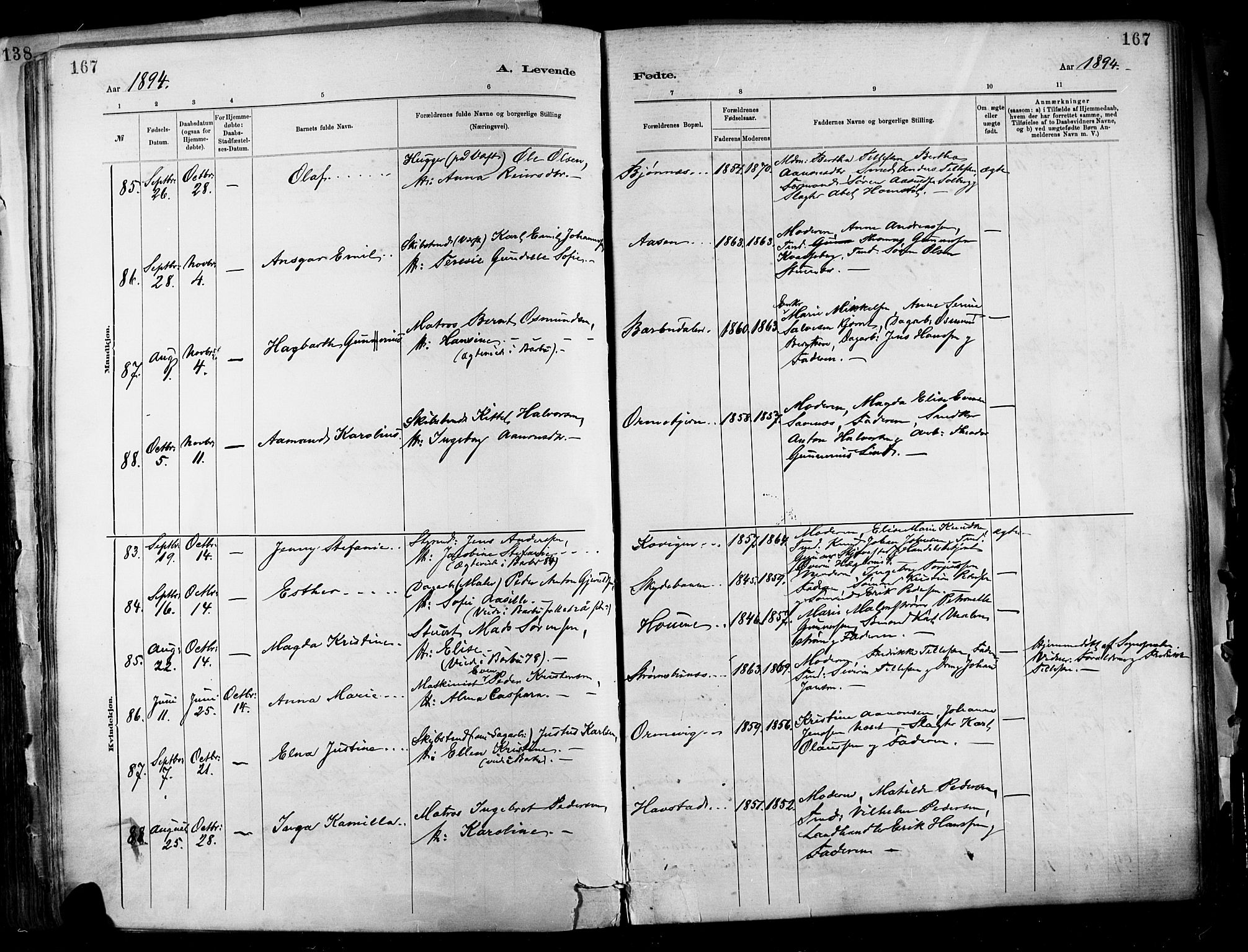 Barbu sokneprestkontor, SAK/1111-0003/F/Fa/L0002: Parish register (official) no. A 2, 1883-1898, p. 167