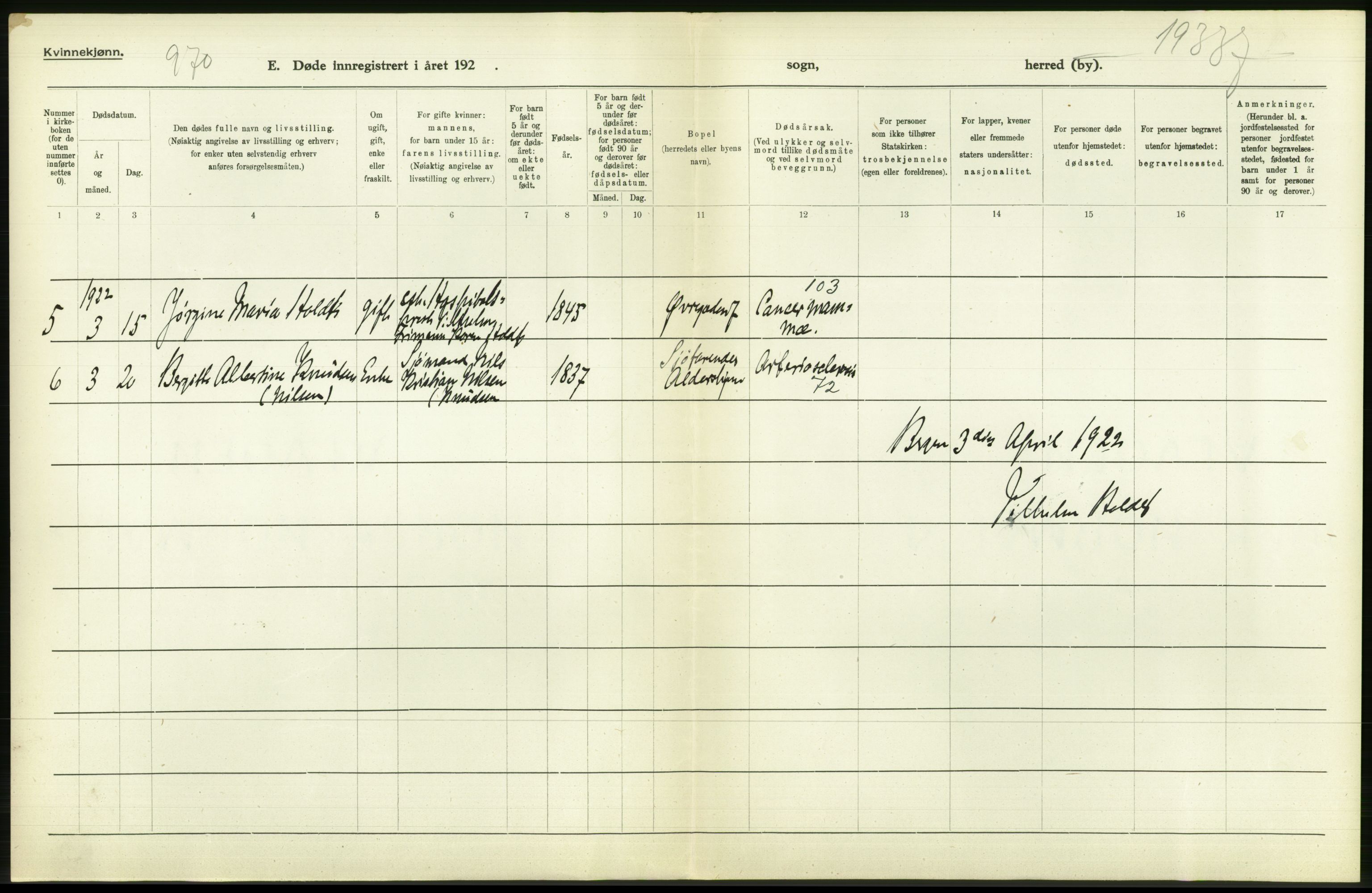 Statistisk sentralbyrå, Sosiodemografiske emner, Befolkning, AV/RA-S-2228/D/Df/Dfc/Dfcb/L0030: Bergen: Gifte, døde, dødfødte., 1922, p. 426