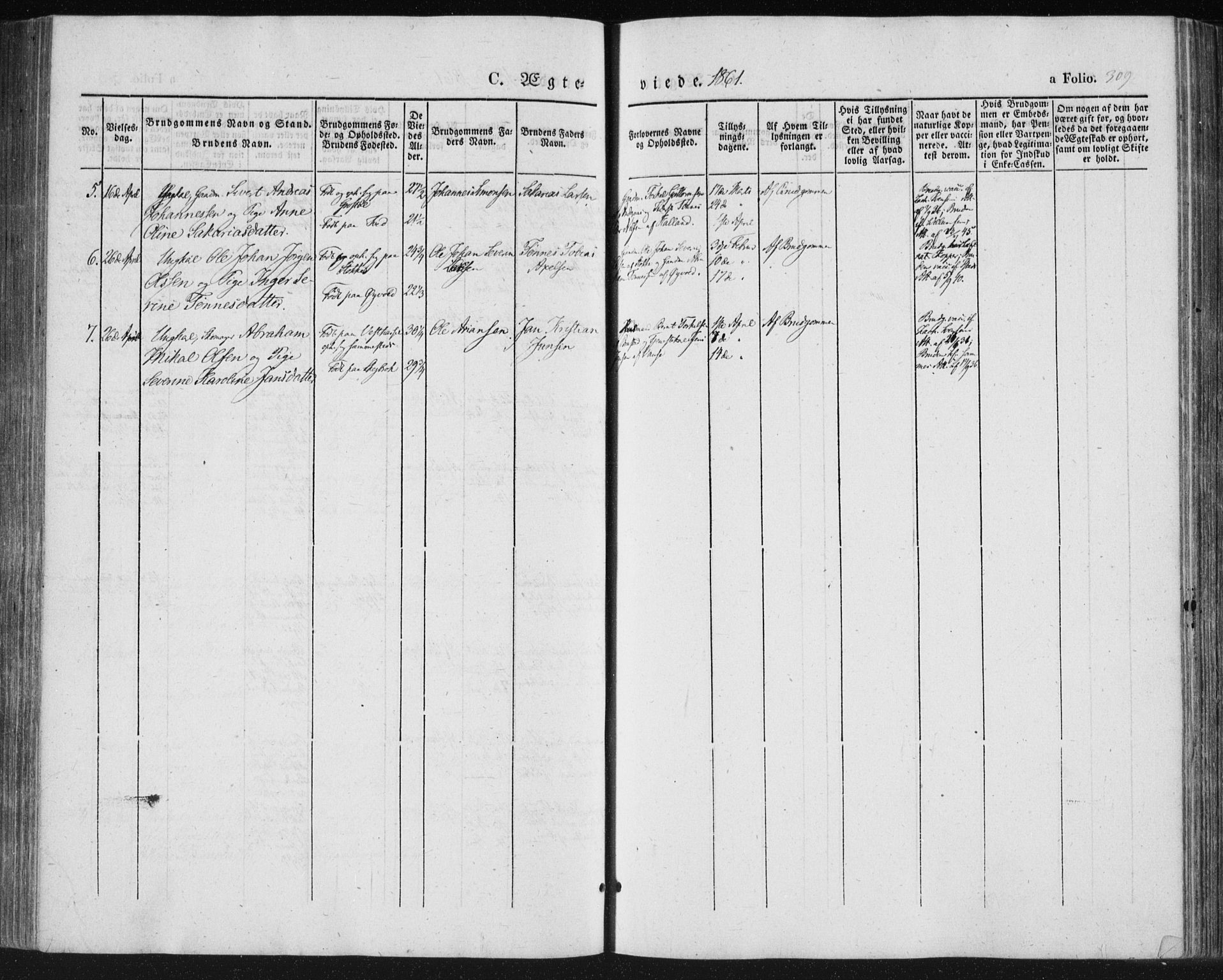 Lista sokneprestkontor, AV/SAK-1111-0027/F/Fa/L0010: Parish register (official) no. A 10, 1846-1861, p. 309