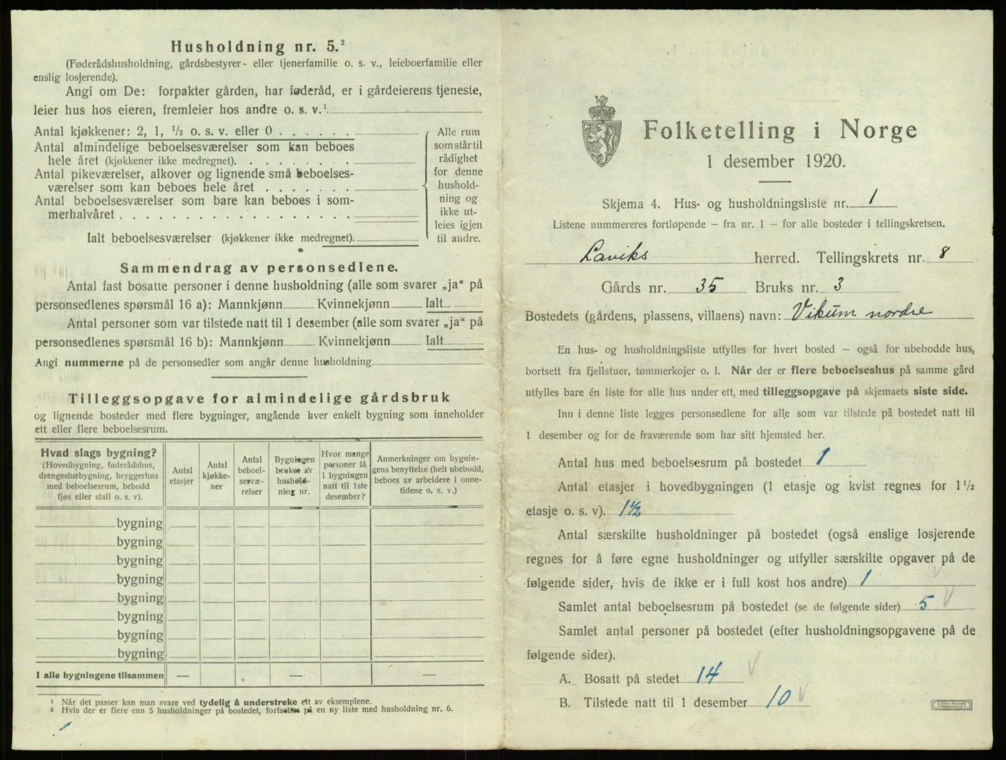 SAB, 1920 census for Lavik, 1920, p. 264