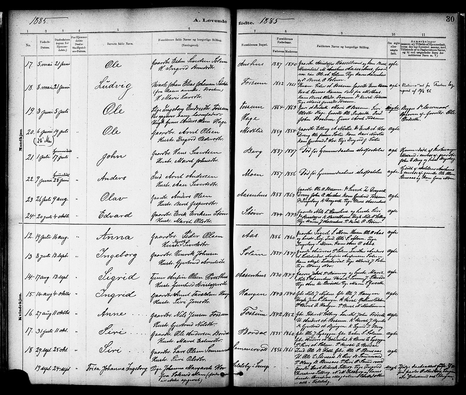 Ministerialprotokoller, klokkerbøker og fødselsregistre - Sør-Trøndelag, SAT/A-1456/689/L1040: Parish register (official) no. 689A05, 1878-1890, p. 30