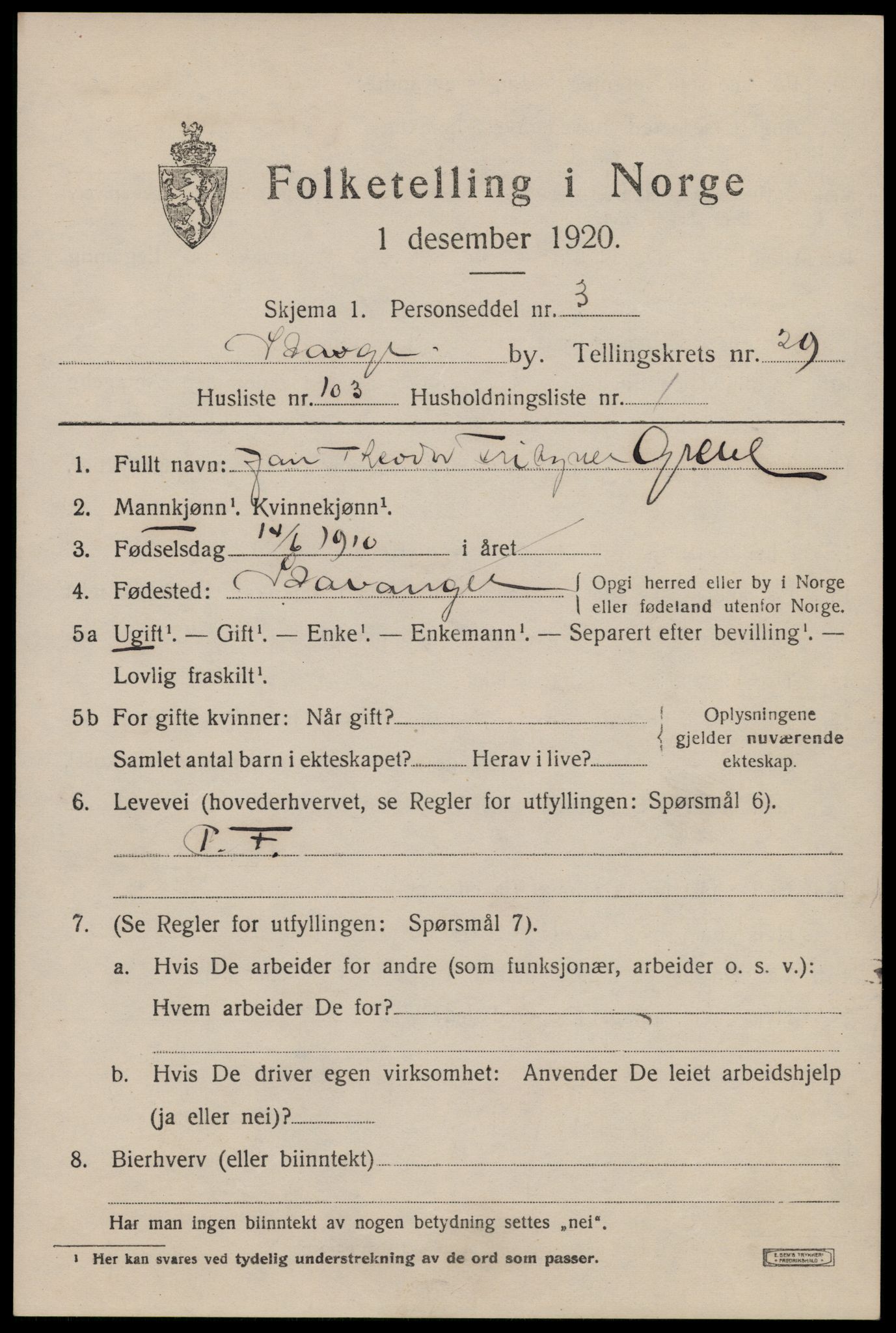 SAST, 1920 census for Stavanger, 1920, p. 84734